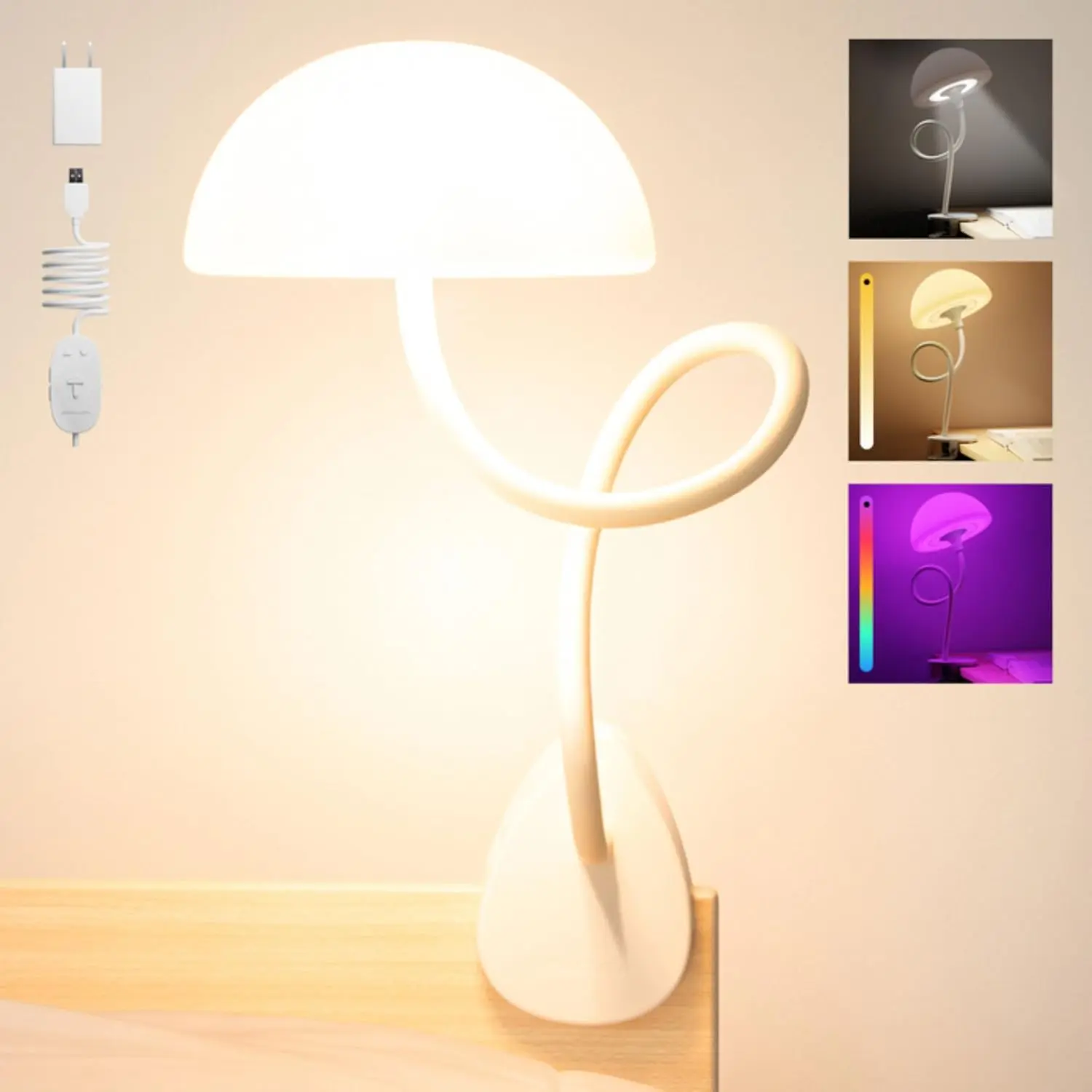 Clip On Light and Bed Headboard Lamp, Bedside Table Lamp for Dorm, College Dorm Room Essentials, Night Light for Kids Nursery, Clip on for Desk, MultiColor LEDs, Adapter Included (White)