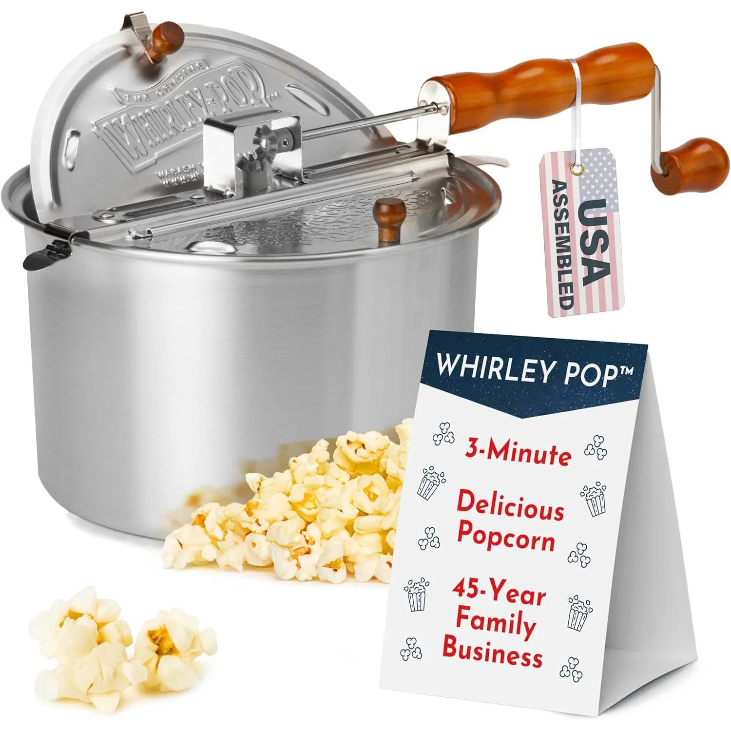 Whirley Pop Manual Crank Stovetop Popcorn Maker - 3-Minute Classic Round Pot, Nylon Gears for Long Durability, Ideal for Movie Night, Watch Party Enthusiasts, 3-Minute Cooking