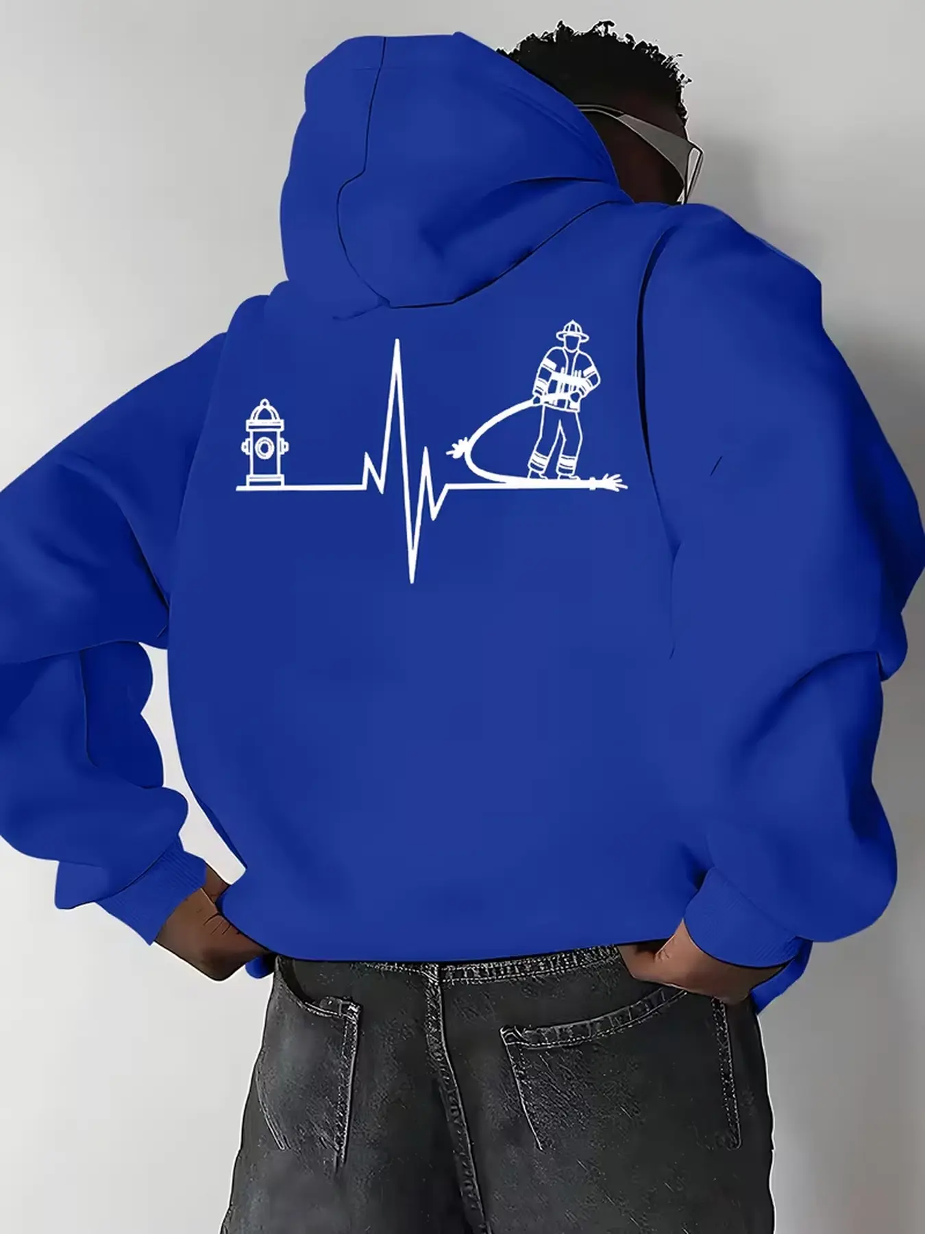 Men's versatile casual pullover hoodie with firefighter and fire hydrant graphic print, fashionable sweatshirt for home leisure and outdoor daily wear.
