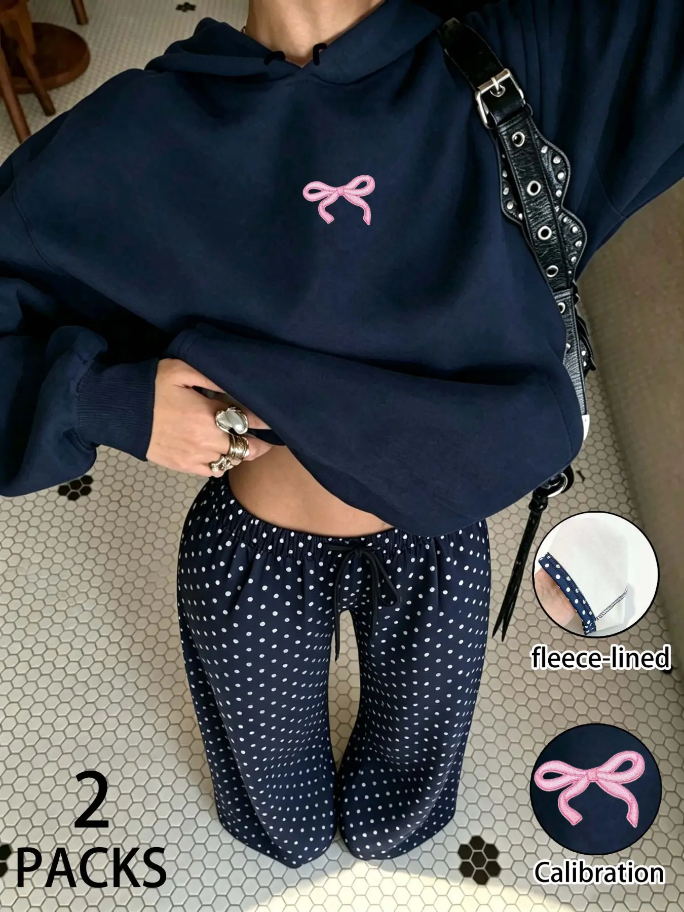 2 Packs Fleece-Lined Loungewear Set, Cute Bow Embroidery, Hooded Sweatshirt & Polka Dot Trousers, Warm Fall Winter