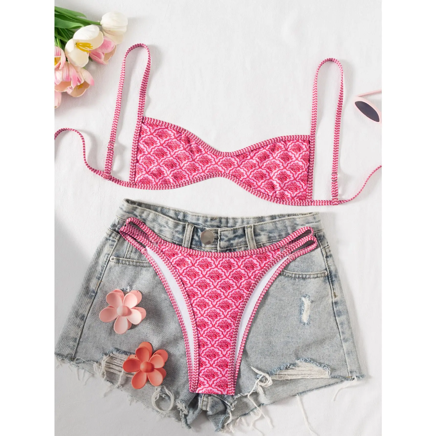 Women's Summer Ethnic Print Sexy Bikini Set Sleeveless Quick Dry Thong Bottoms Beach Resort Pool Party Swimwear Printed seductive solid   vacation outfit trendy holiday style woman adjustable strap design chic poolside cute hot spring wear festival travel