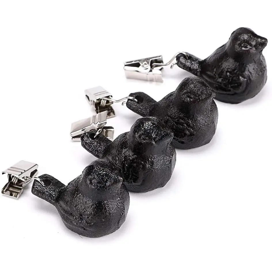 Set of 4 Black Tablecloth Weights Clip on, Heavy Duty Pendant Tablecloth Weights Kit with Cast Iron Antique Birds, Flag Weights Clips for Outdoor Garden Party Picnic Tablecloths