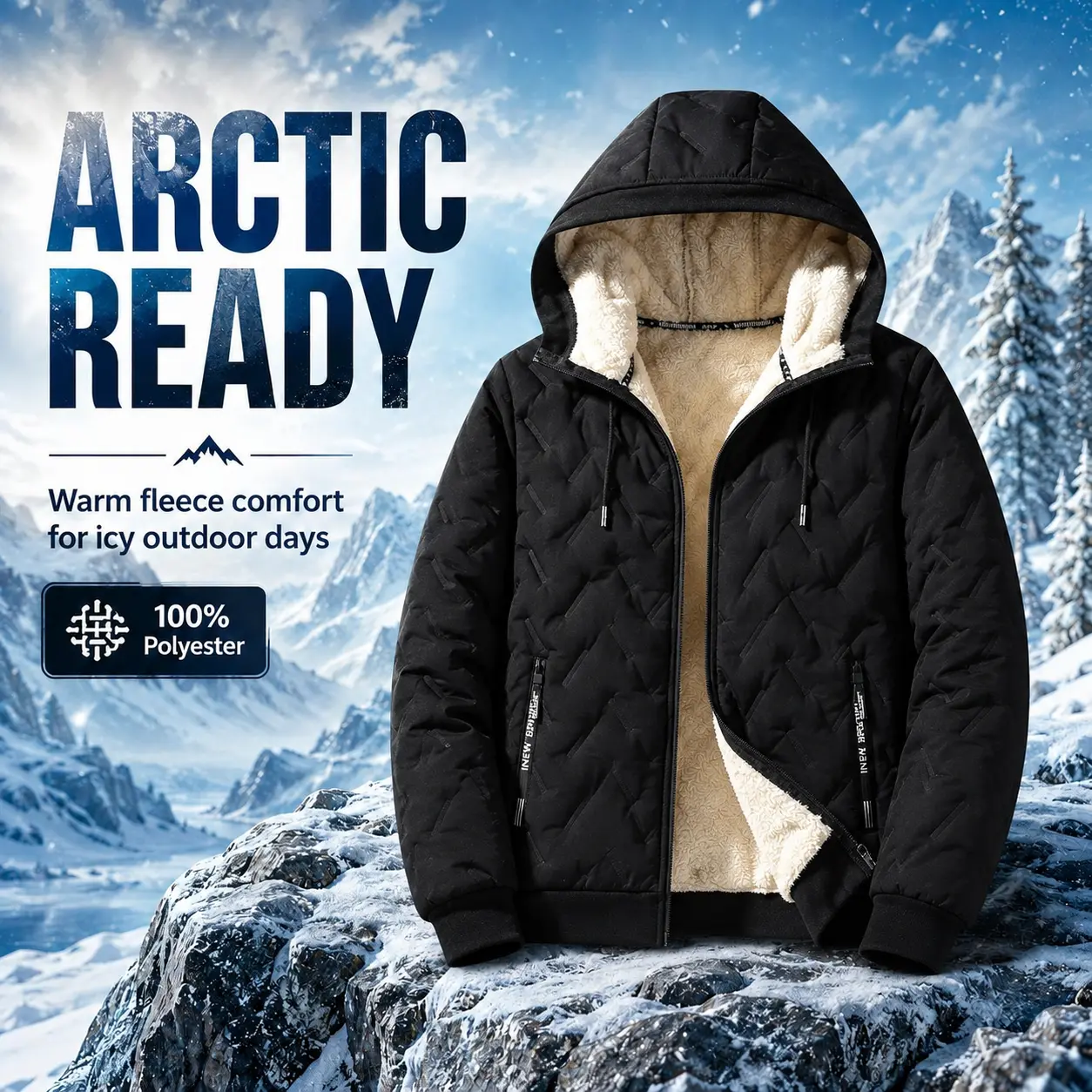 Men's Winter Heavyweight Fleece-Lined Full-Zip Sherpa Hooded Coat - Thermal, Windproof, Geometric Textured, Long-Sleeve, Zip Pockets, Casual Streetwear Cold Weather Outerwear, Clothes Jacket