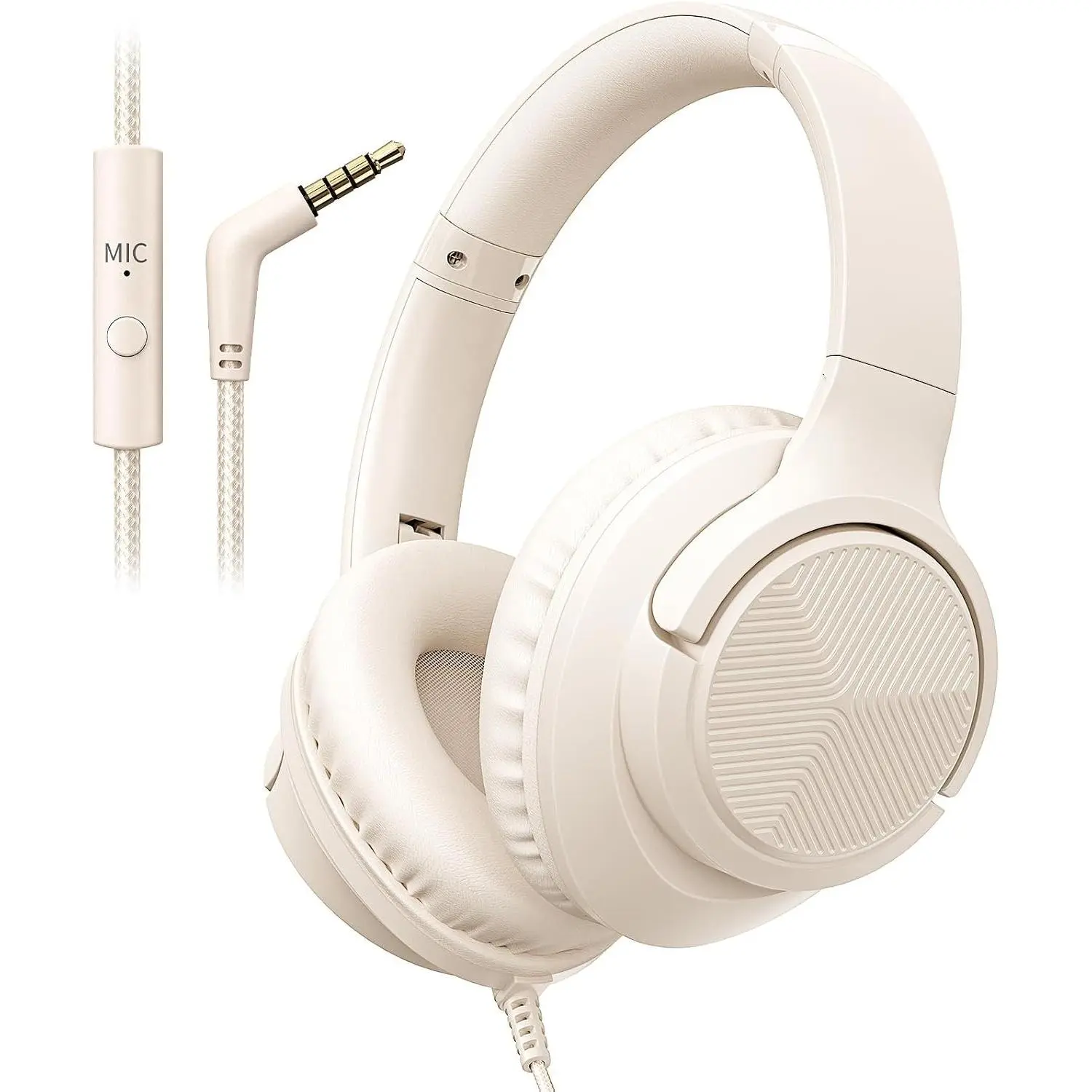Headphones Wired with Microphone, Over Ear Foldable 3.5mm Plug in Headphones Corded with 4.9ft -Free Nylon Cord for Tablet, Laptop, MP3/4, School, Airplane Travel (Beige)