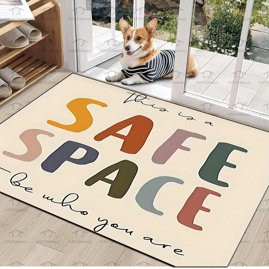 Flannel Floor Mat 1 piece with SAFE SPACE logo pattern, welcome doormat, entrance doormat, durable camping mat, perfect for hallway entrance/bedroom/kitchen/bathroom/terrace, modern and stylish home decor floor mat