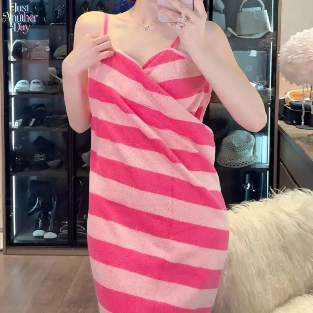 Pink Striped Plush Wearable Bath Towel with Adjustable Straps, Soft Water Absorbent Wrap Dress, Sexy Backless Terry Cloth Bath Robe for Shower, Spa & Beach Use