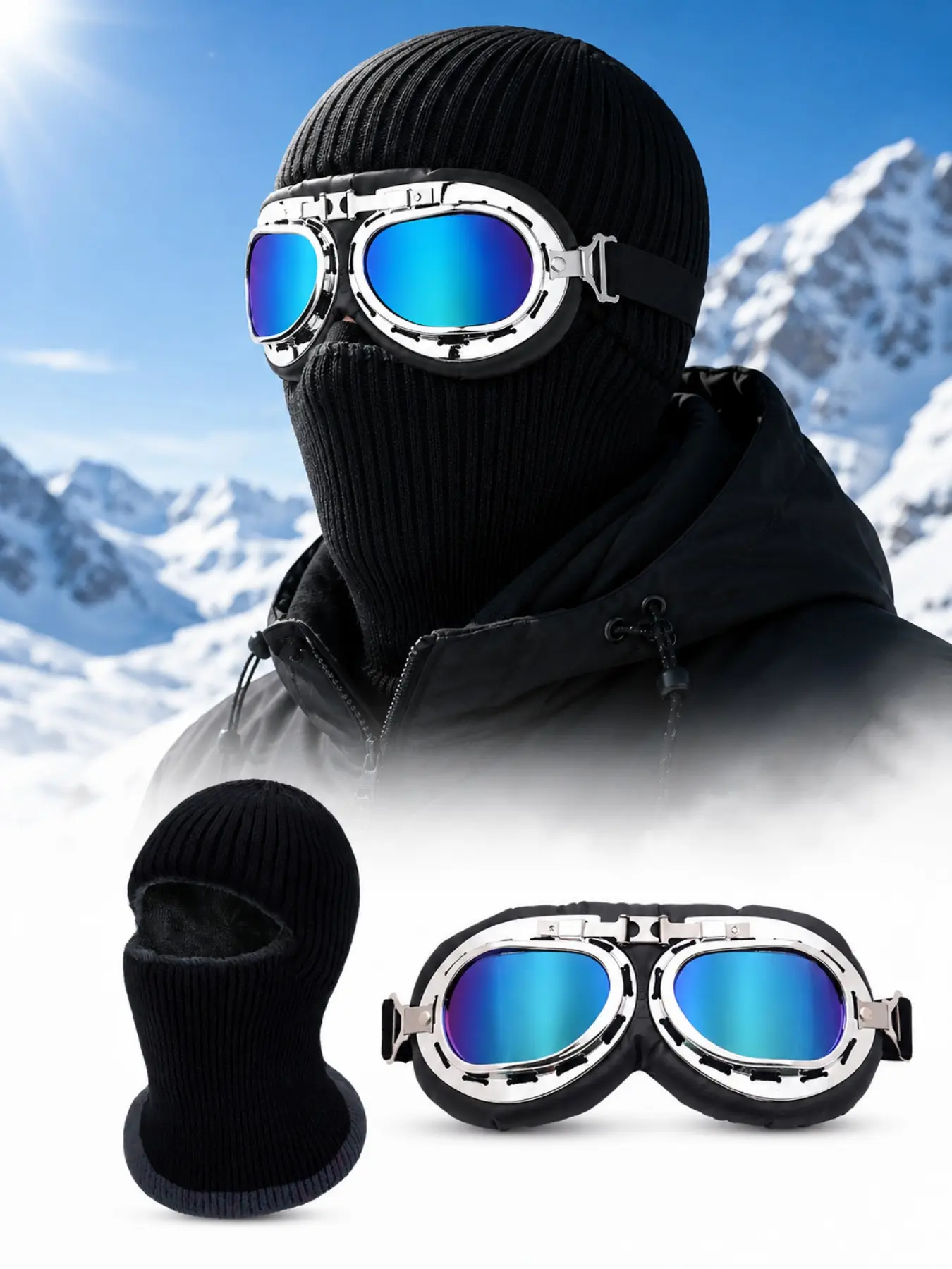 Vintage Pilot Goggles + Fleece Knit Hat Set, Winter Windproof Warm Full Face Mask, Ideal for Skiing, Cycling, Motorcycle, Outdoor Activities