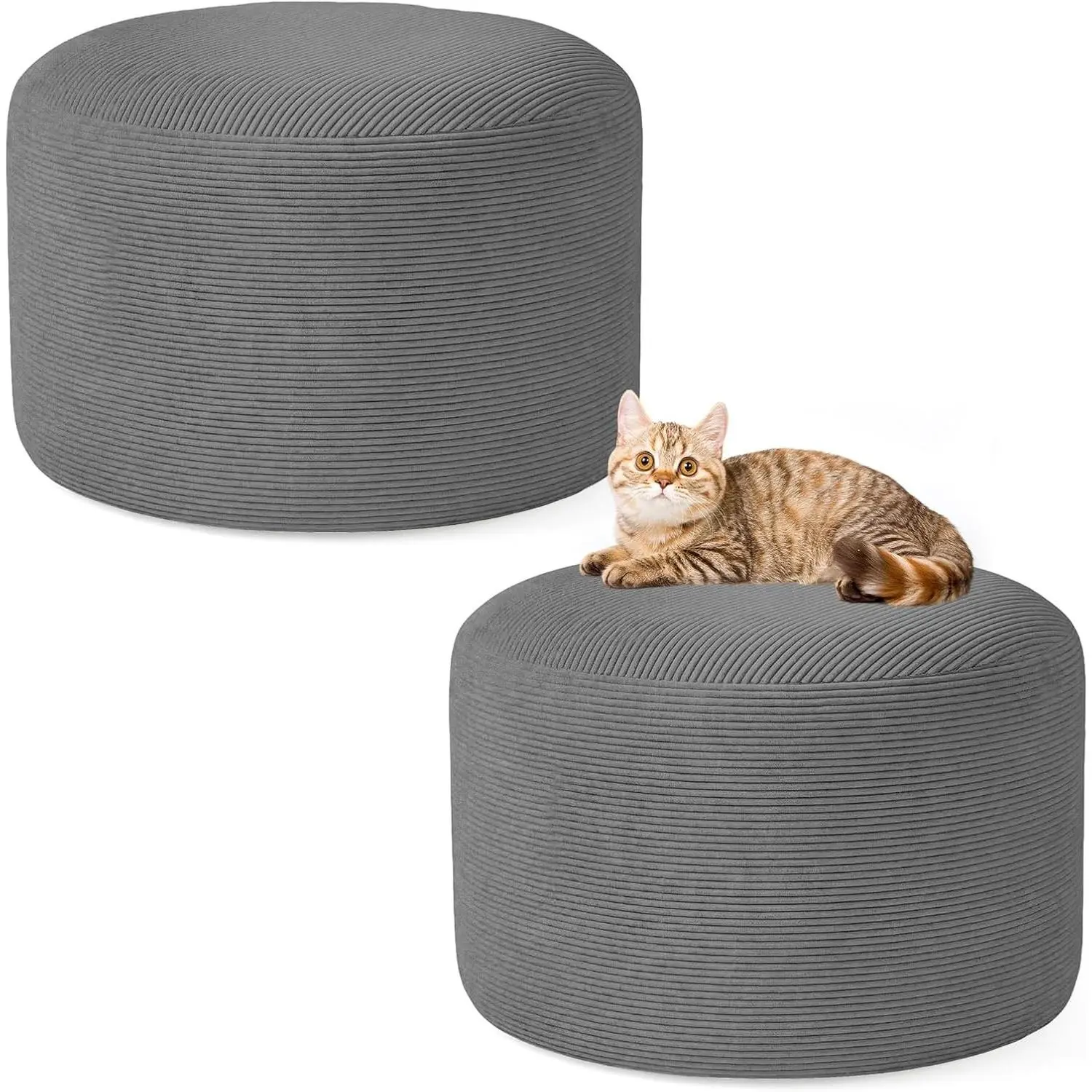 2PCS 20*20*12inch Grey Unstuffed Unfillable Corduroy Round Ottoman Pouf Cover Foot Rest Stool Cover with Storage for Living Room Bedroom Home Decor