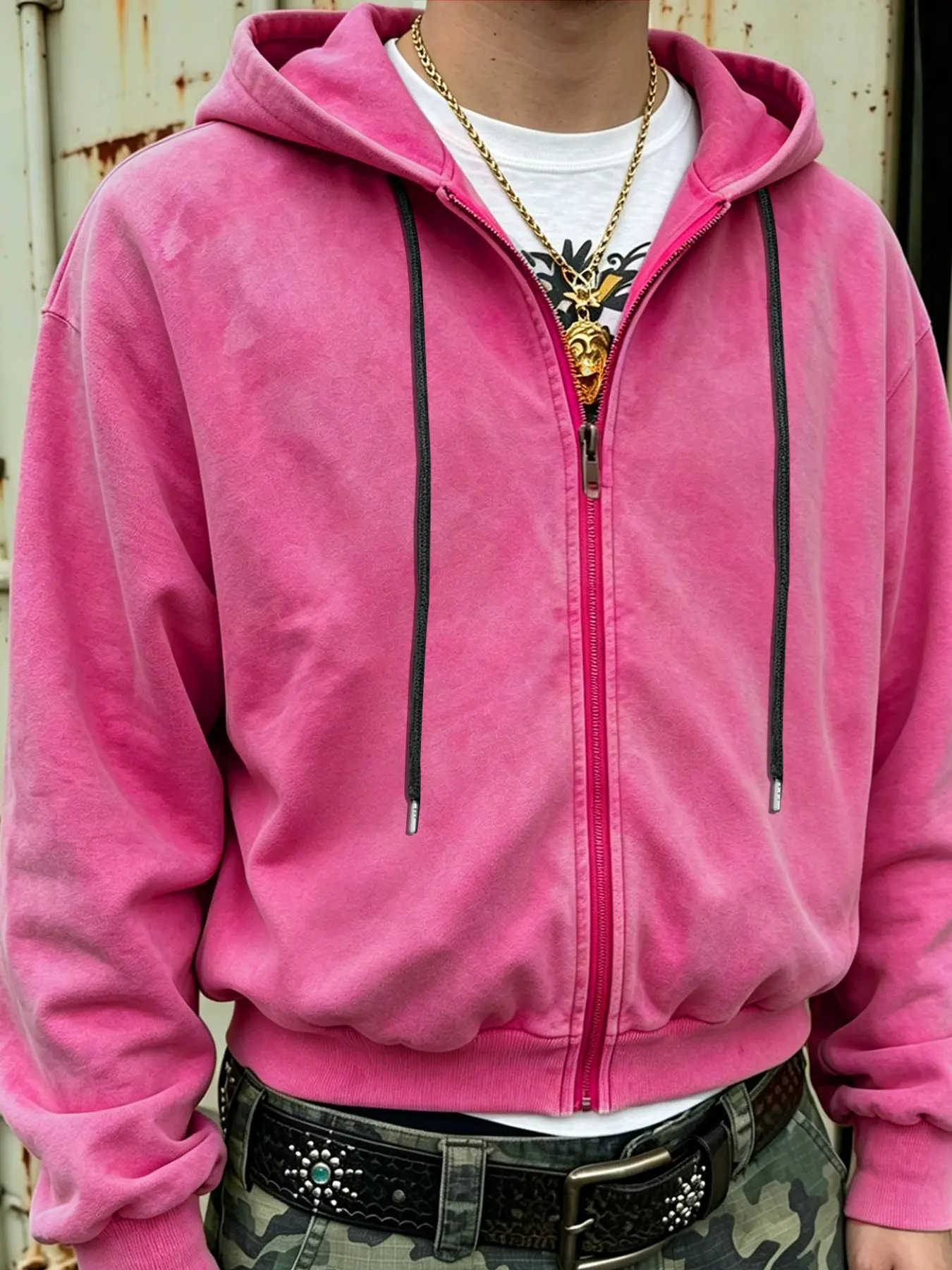 Men Washed Full Zip Cropped Hoodie, Vintage Distressed Graphic Streetwear Pocket Sweat Jacket For Daily Skate Hip Hop Outfit