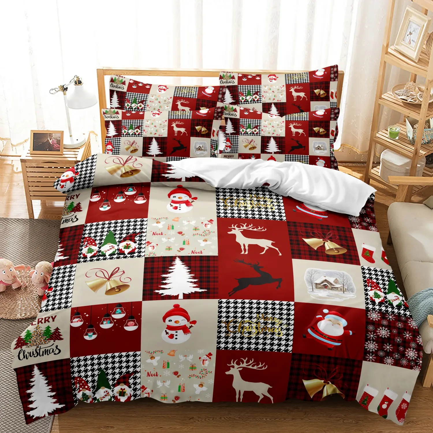 3 Pieces Farmhouse Christmas Patchwork Print Duvet Cover Set, Red Grid Design Snowman Reindeer Golden Bells & Xmas Tree Bedding, Ideal Winter Holiday & Christmas Gift, Machine Washable (1 Duvet Cover + 2 Pillowcases, No Comforter No Pillow)