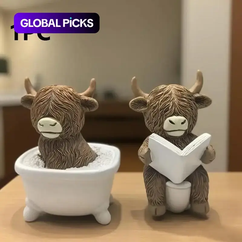 Highland Cow Toilet Reading Statue Bathroom Decor, Farmhouse-Style Cow Ornament with Textured Details, Resin Decorative Sculptures for Home or Office, Christmas Gifts, Animal Figurines, Decorative Statues, Animal Decorations