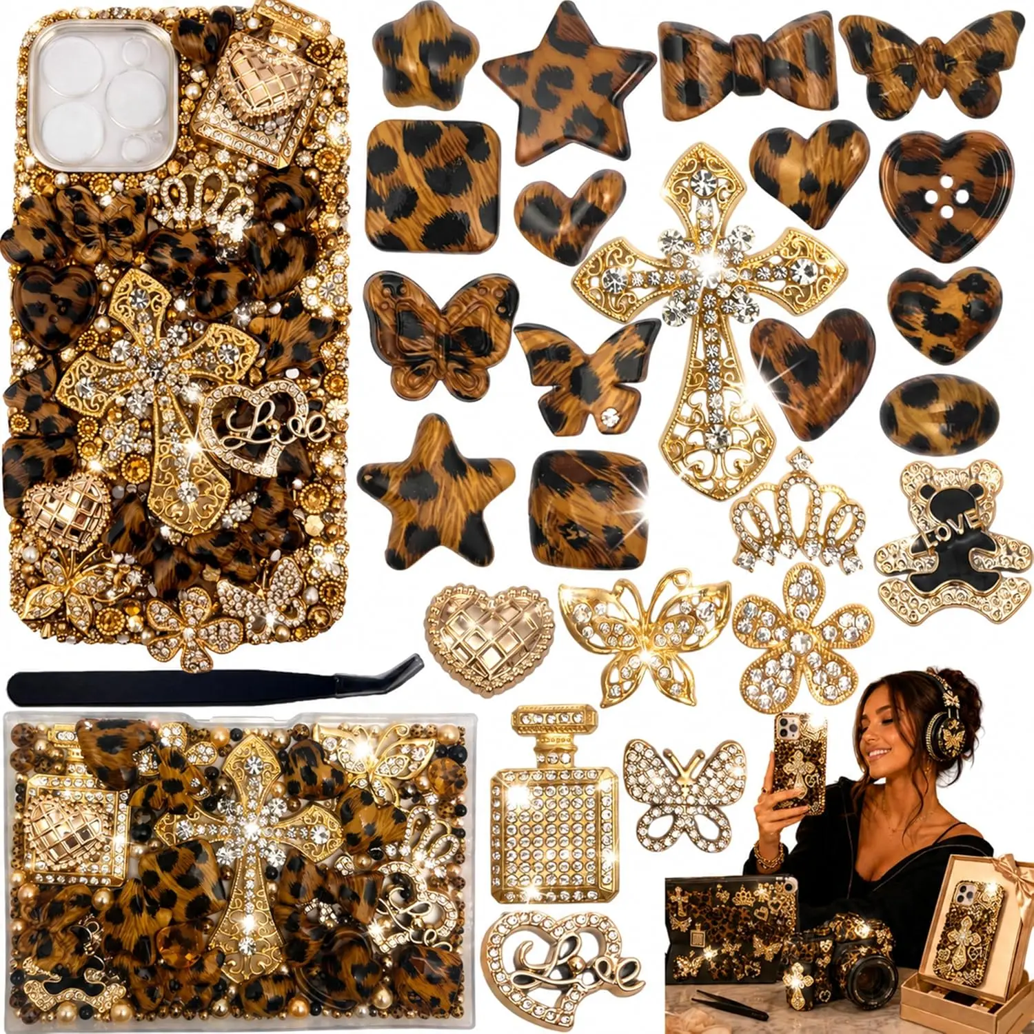 Leopard Print Junk Case Large Charm Kit,  Bold Phone Case Charms with  Rhinestone &Alloy Butterfly, Flower& Leopard Heart Charms for DIY Girls & Social Media Crafting