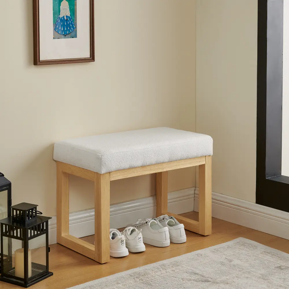 Shoe Changing Bench with Wooden Frame & Soft Cushioned Seat, Entryway Shoe Storage Bench, Small Space Hallway Bench, Bedroom Footstool Seating, Compact Upholstered Ottoman Bench for Entryway, Living Room, Mudroom Furniture - Beige