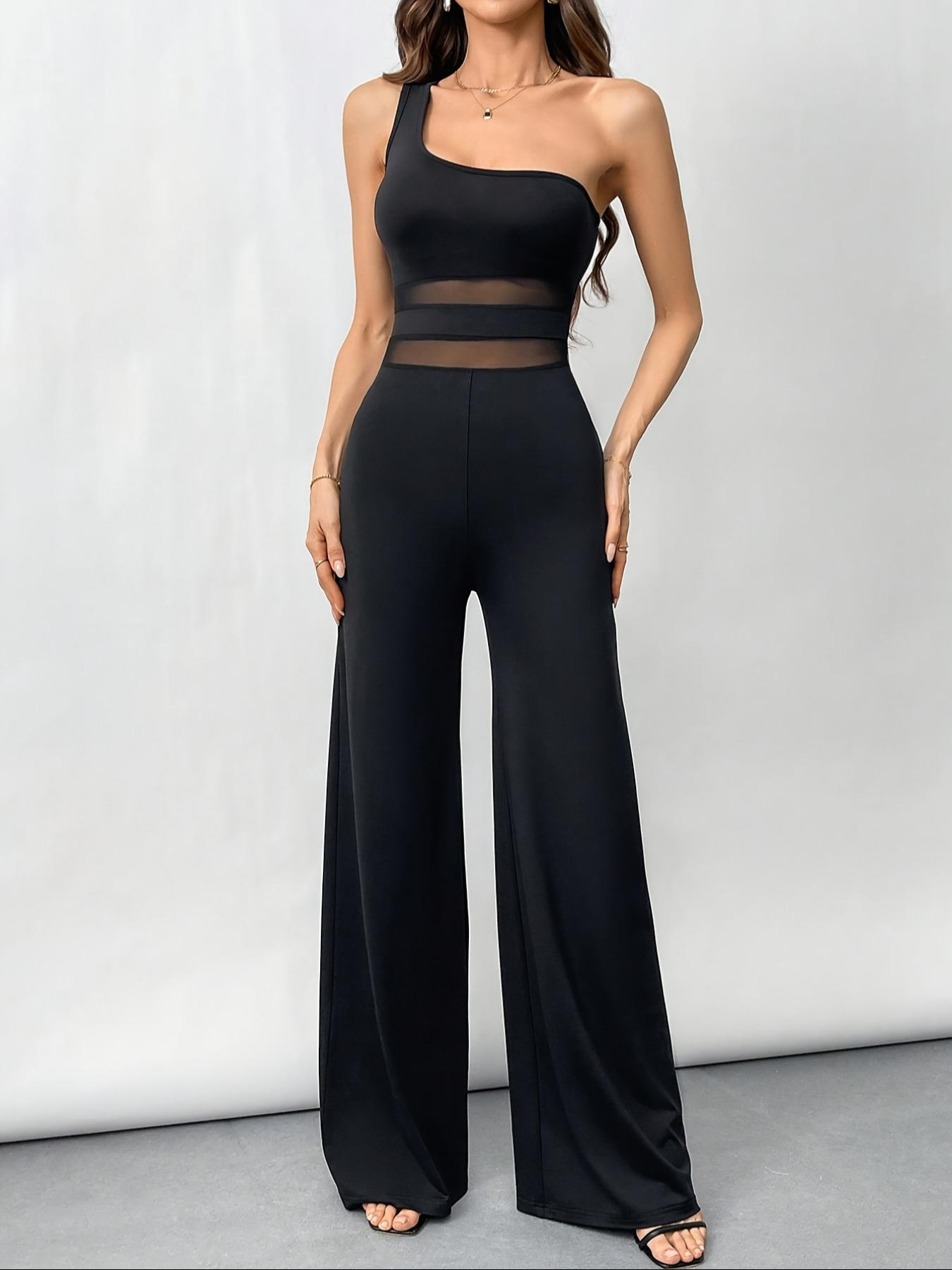 Elegant Solid Color One Shoulder Elastic Waist Jumpsuit for Women, Mesh Splice Design, High Stretch, Breathable Fabric, All Season Versatile, Suitable for Casual and Formal Evening