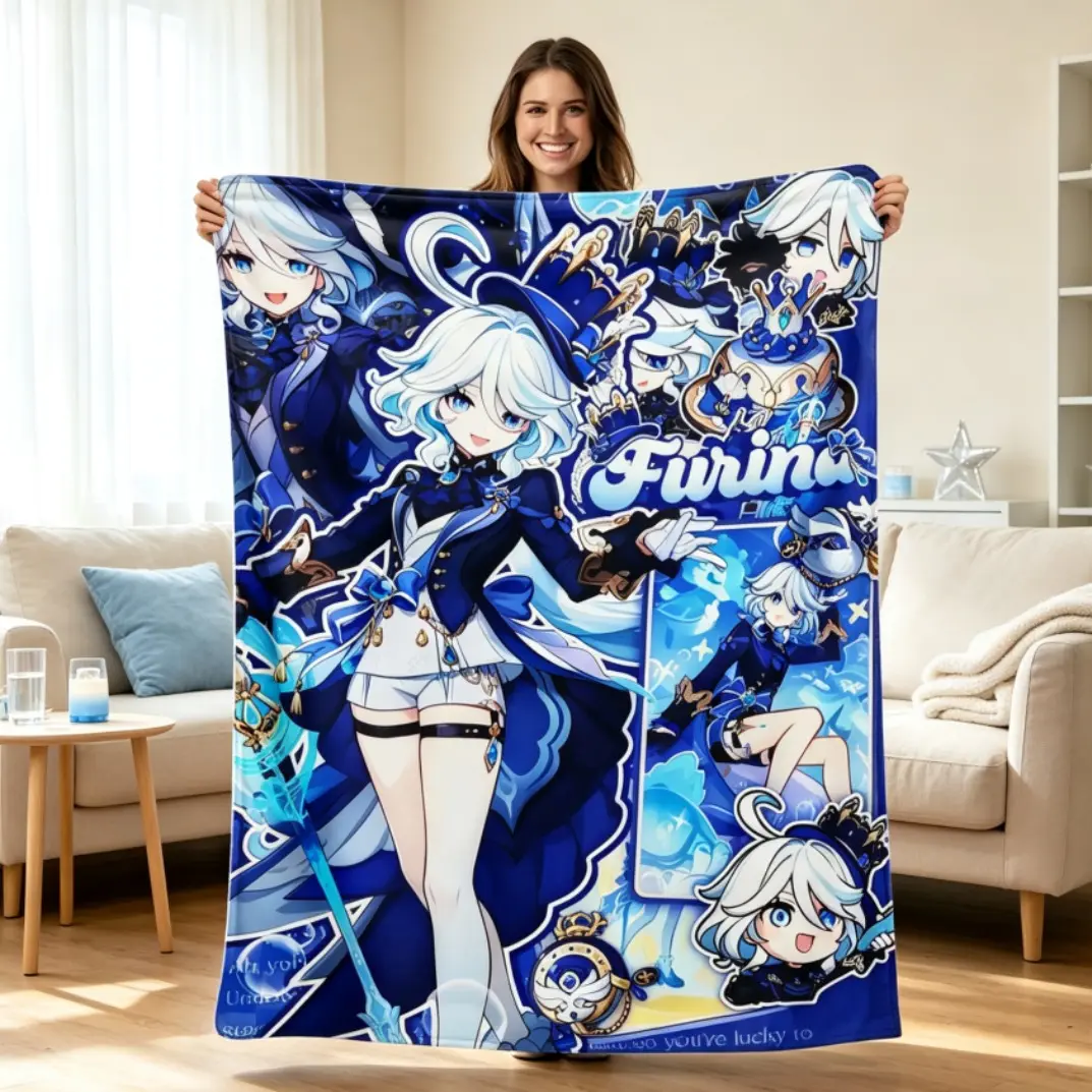 Anime-Inspired Printed Flannel Blanket, Furina Figure Print Throw Blanket, Genshin Soft Warm Fleece Blanket, Lightweight Cozy Blanket for Adults & Kids, Sofa Bed Bedroom Travel Home Decor Gift for Friends & Family