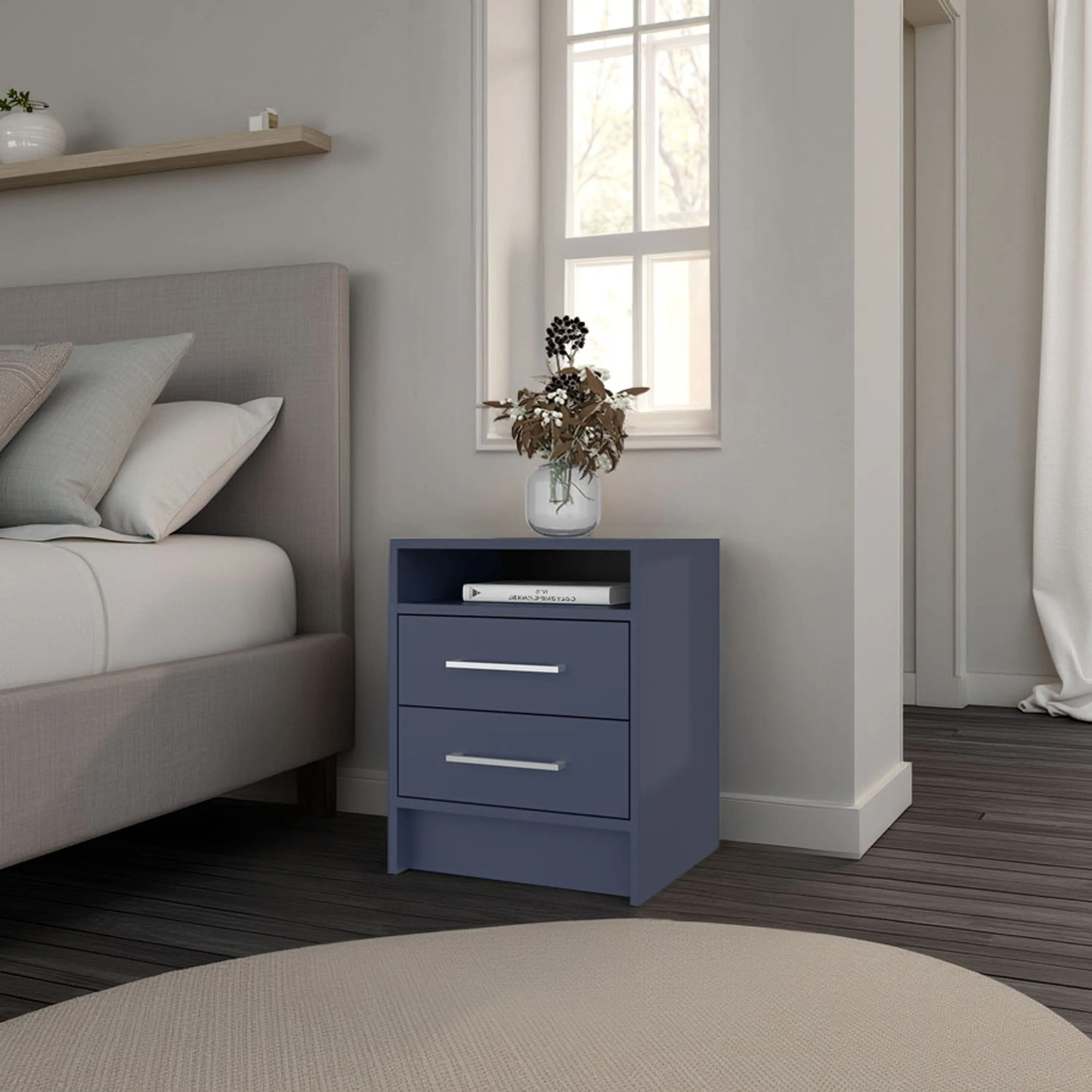 Nokka Low Profile Side Storage Bedside Table - 2 Drawers, Open Shelf, 15.7" W x 14.6" D x 19.9" H, Blue Engineered Wood Nightstand, Compact Small Space Solution, Easy Assembly, FSC Certified, Side Storage Bedroom Furniture