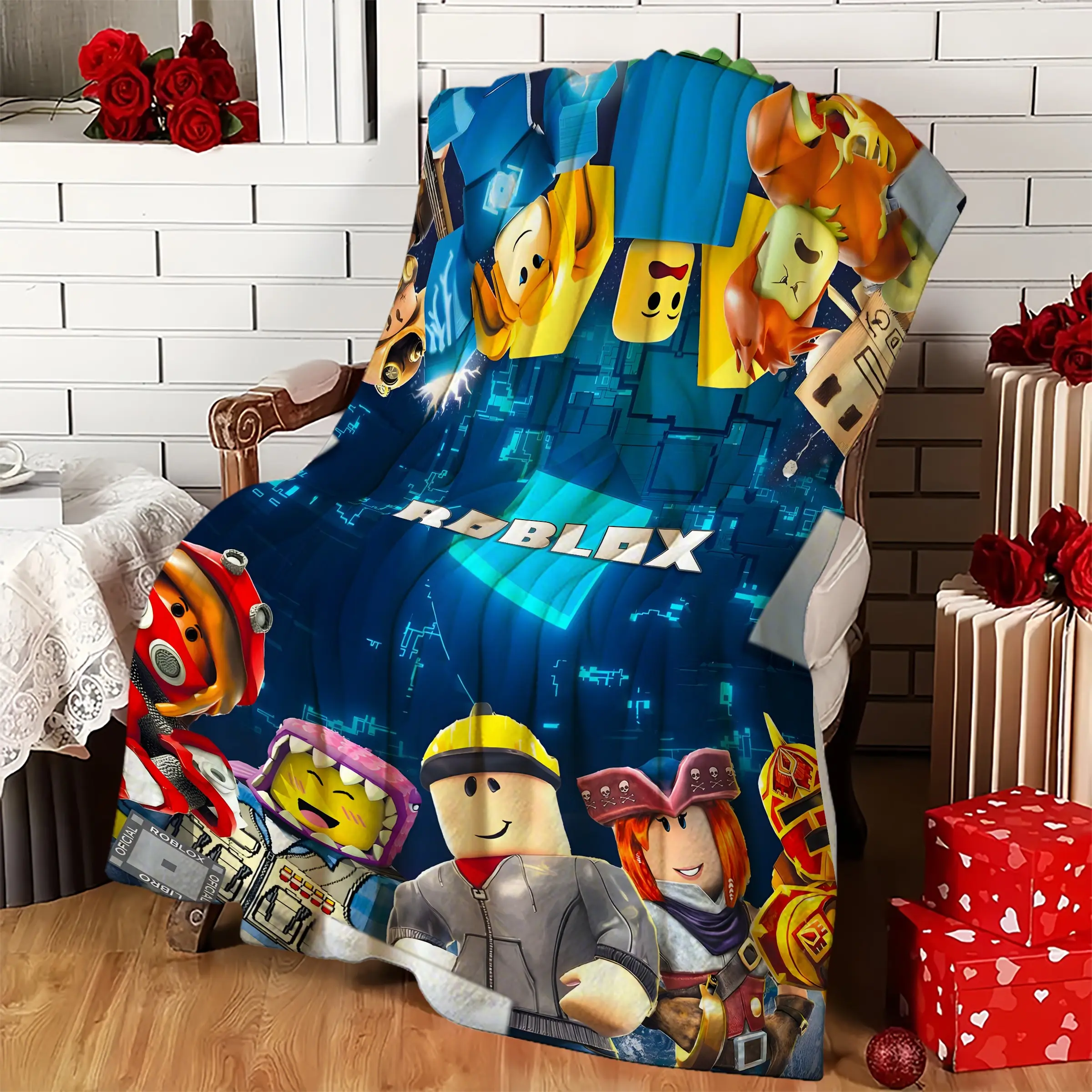 Block Building Gamer Fleece Blanket, Blue Cyber Grid Toy Characters, Soft Flannel Throw, Couch Bed Cover, Boys Gaming Room Decor Gift