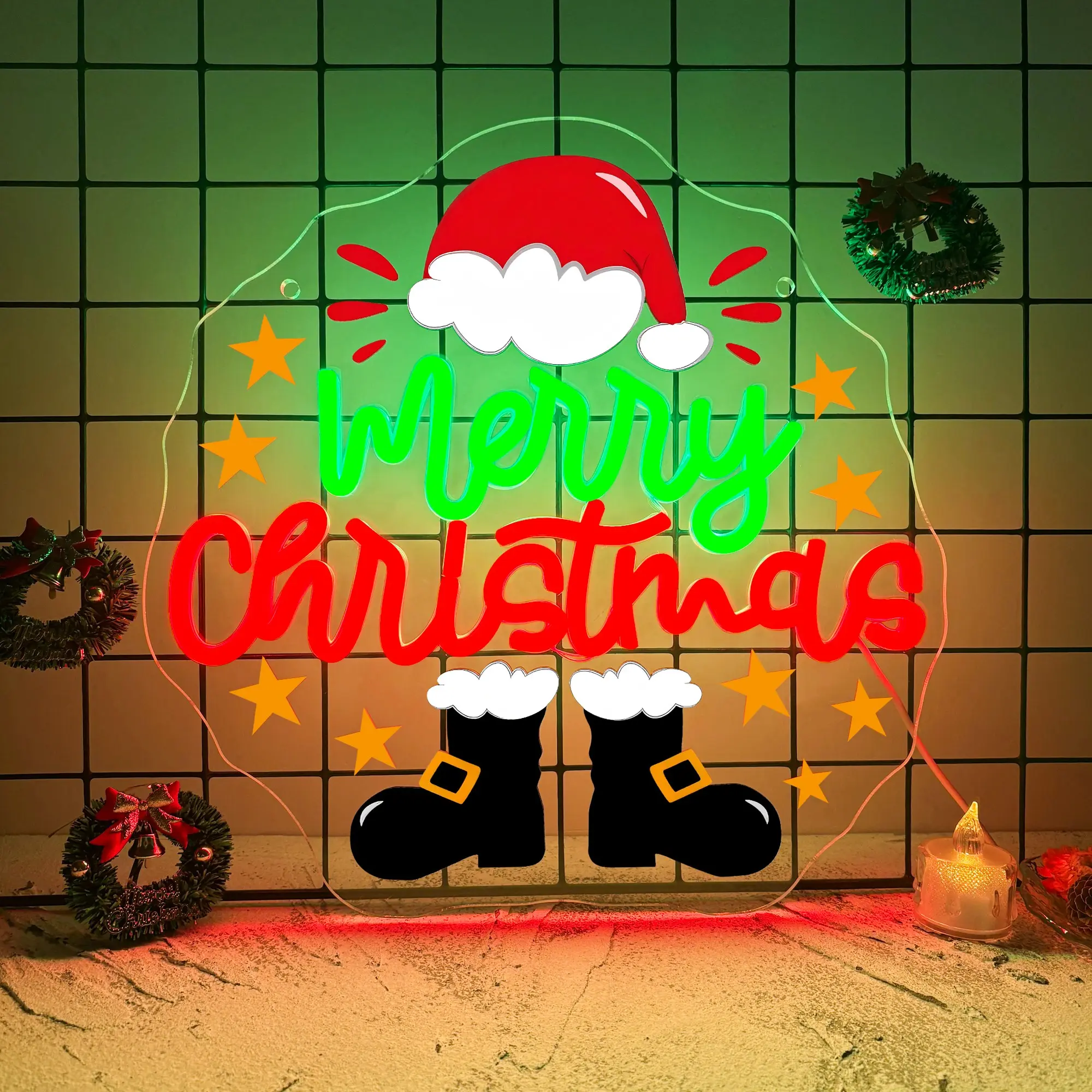 Printed Christmas Elements Santa Hat Christmas Boots LED Neon Light, USB Powered Wall-Mounted Decoration Merry Christmas Neon Light, Add Christmas Atmosphere, Decorate Bedroom, Living Room, Doors and Windows, Cafe, Surprise Christmas Gift
