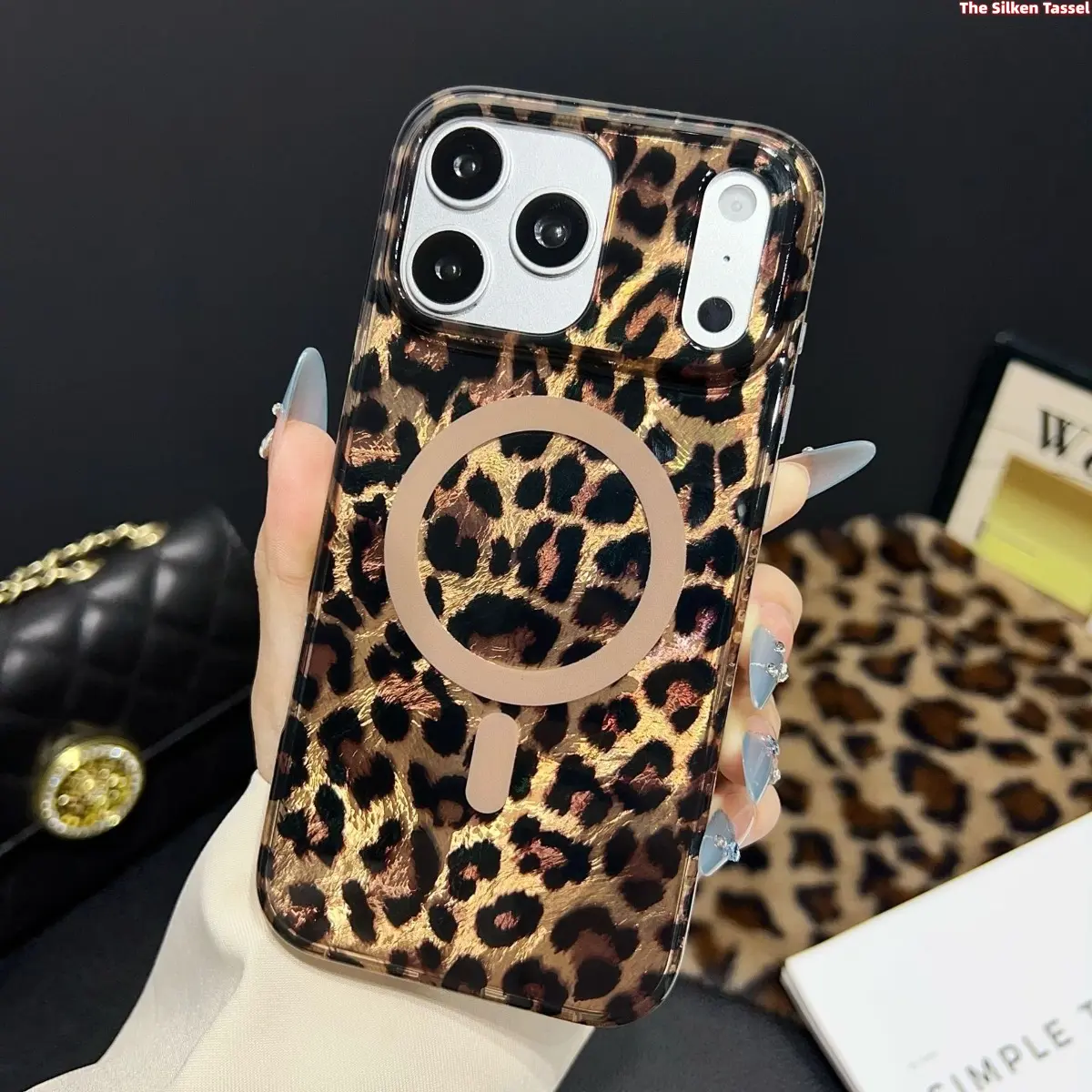 Women's Luxury Animal Print MagSafe-Compatible Phone Case - Shiny Foil, Slim, Protective Shockproof Cover for iPhone 13/14/15/16/17 Series Smartphones (Bag Accessory for DIY Luggage & Bags)
