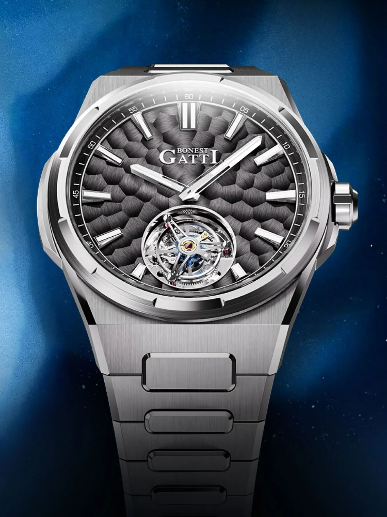BONEST GATTI Men's Mechanical Watch Process Series Hammer Texture Dial Wristwatch 46.6mm Dial Diameter 316L Stainless Steel Case And Strap Sculpted Texture Dial Business Sport Timepiece Suitable For Daily Wear Business Meetings Travel And Fashion Outfit M