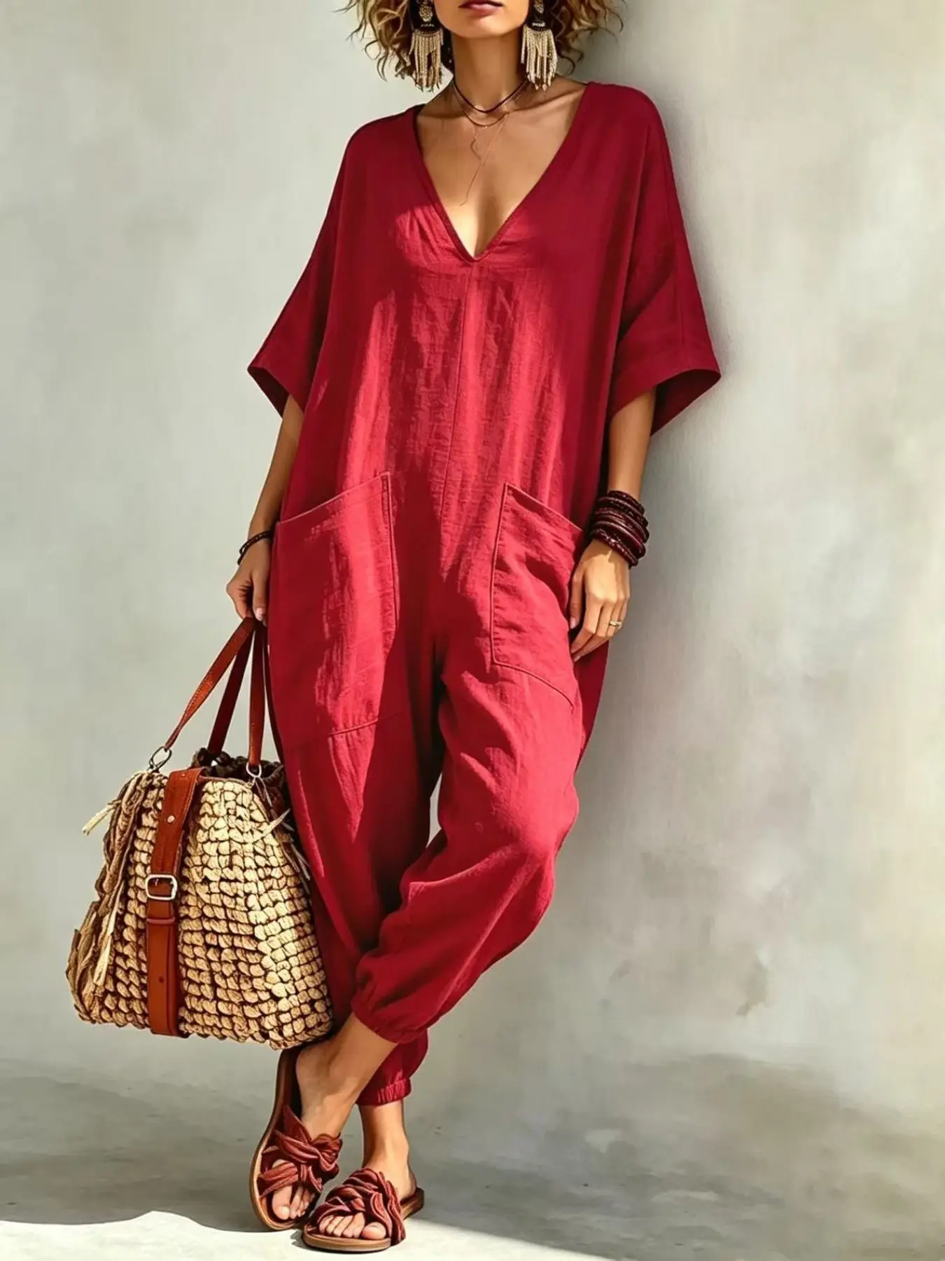Beach Vacation Lazy Bohemian Style Romper, Comfortable and Stylish One-Piece Dress, Perfect for Relaxing at the Shoreline, Boho