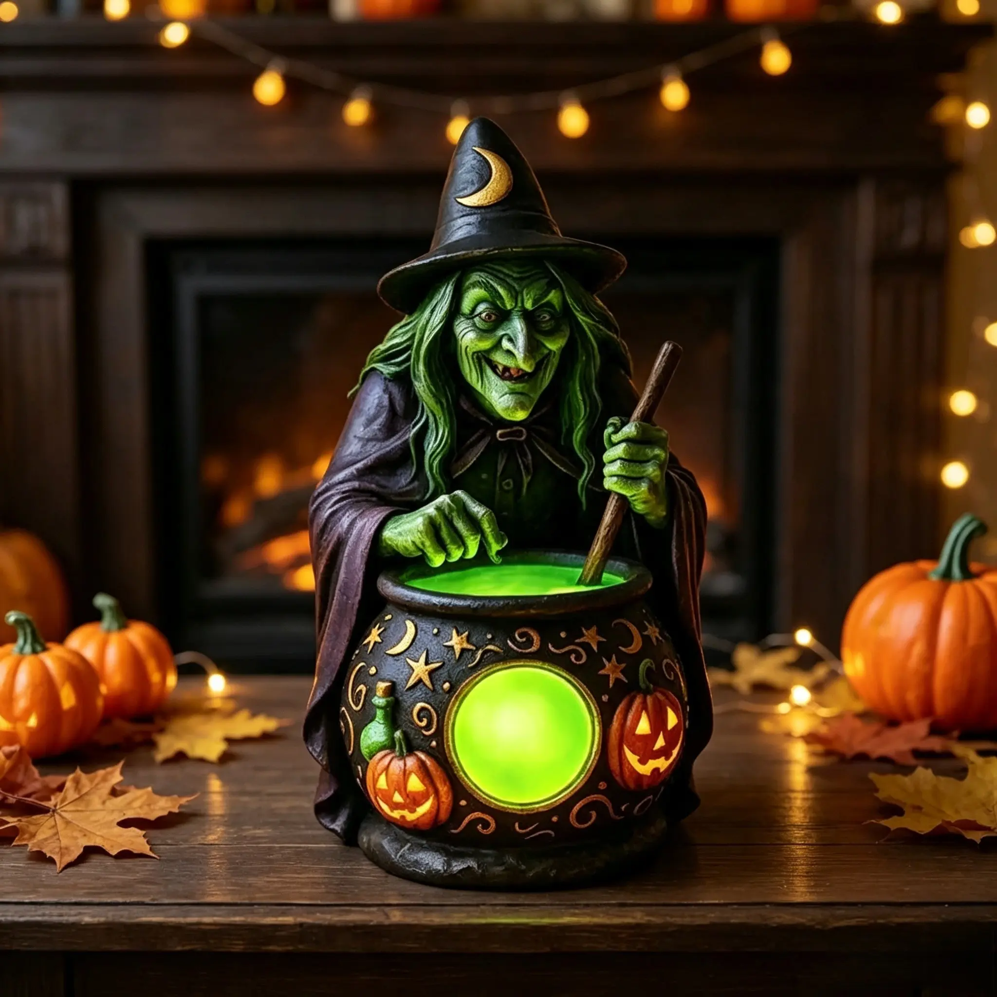 1PC Light-Up Witch Cauldron Ornament, Green Glow Resin Witch Brewing Pot Statue, Halloween Tabletop Decoration, Party & Home Scene Layout Photo Prop
