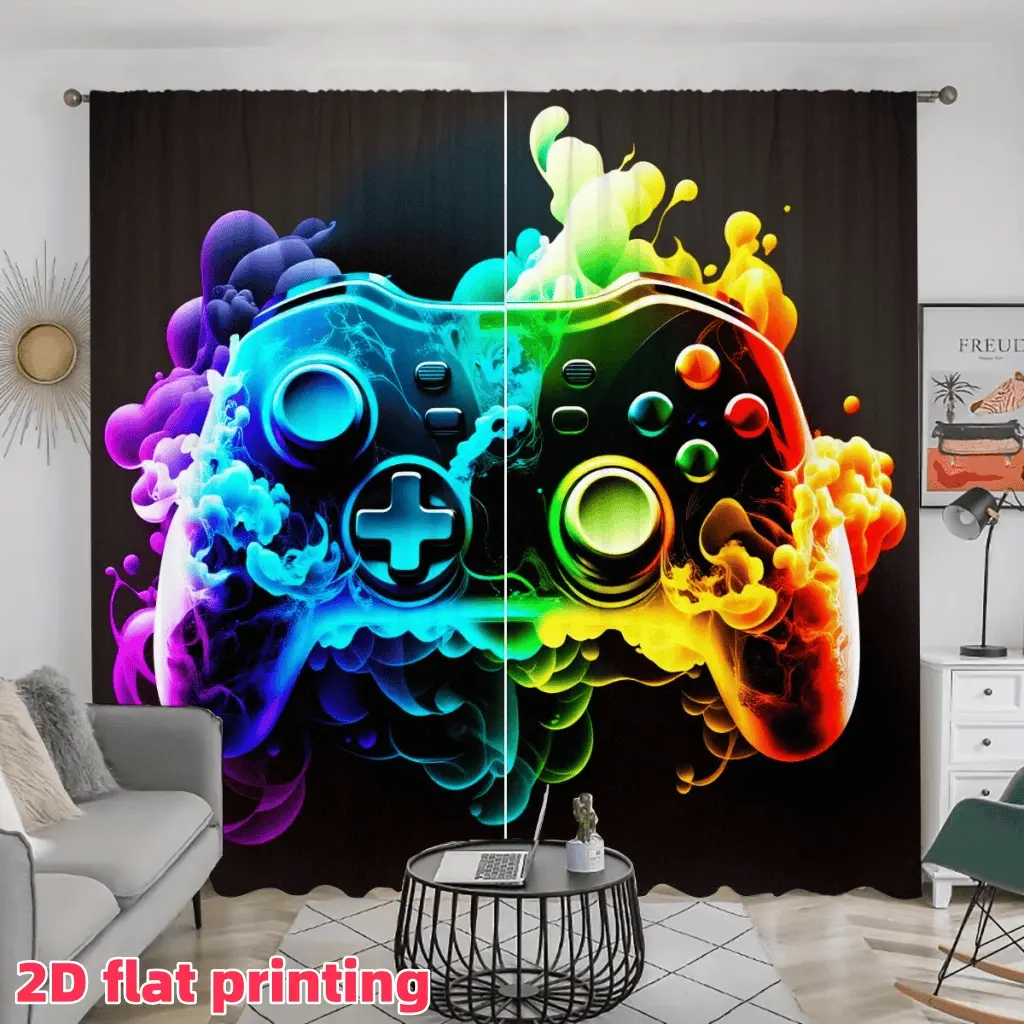 2D Flat 2Pcs game controller printed curtain panel, ice and fire elements, pole pocket style, semi sunshade polyester fiber, suitable for home living room, bedroom, balcony, kitchen, study shower window decoration, accessory, anti privacy.