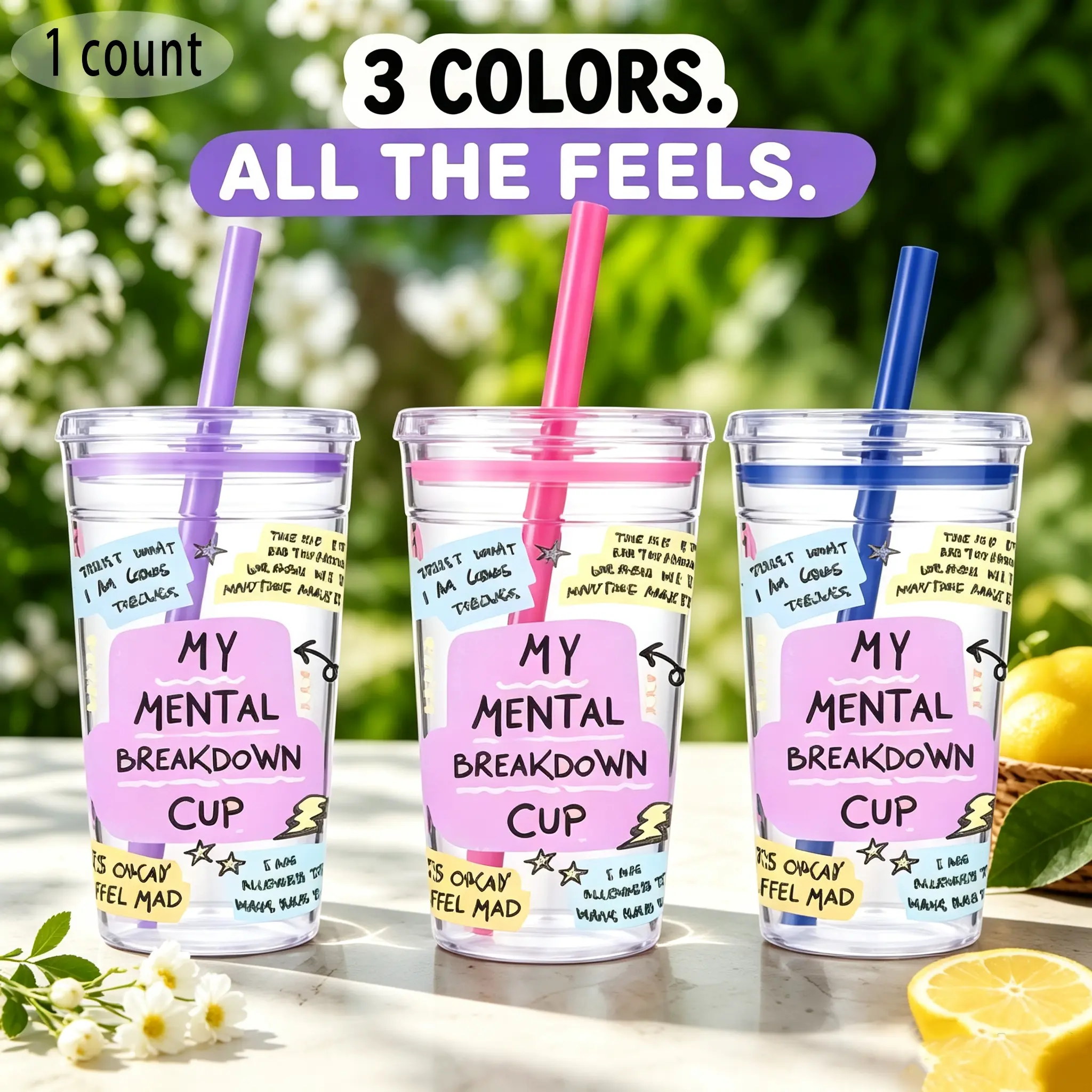1pc/16oz/500ml/Clear Cold Tumbler,Plastic Coffee Cup With Straw,Water Bottle,Uplifting Motivational Affirmation Phrases Pastel Toned Hand Drawn Whimsical Doodle Illustrations Mental Wellness Emotional Support Personal Growth Perfect Gift