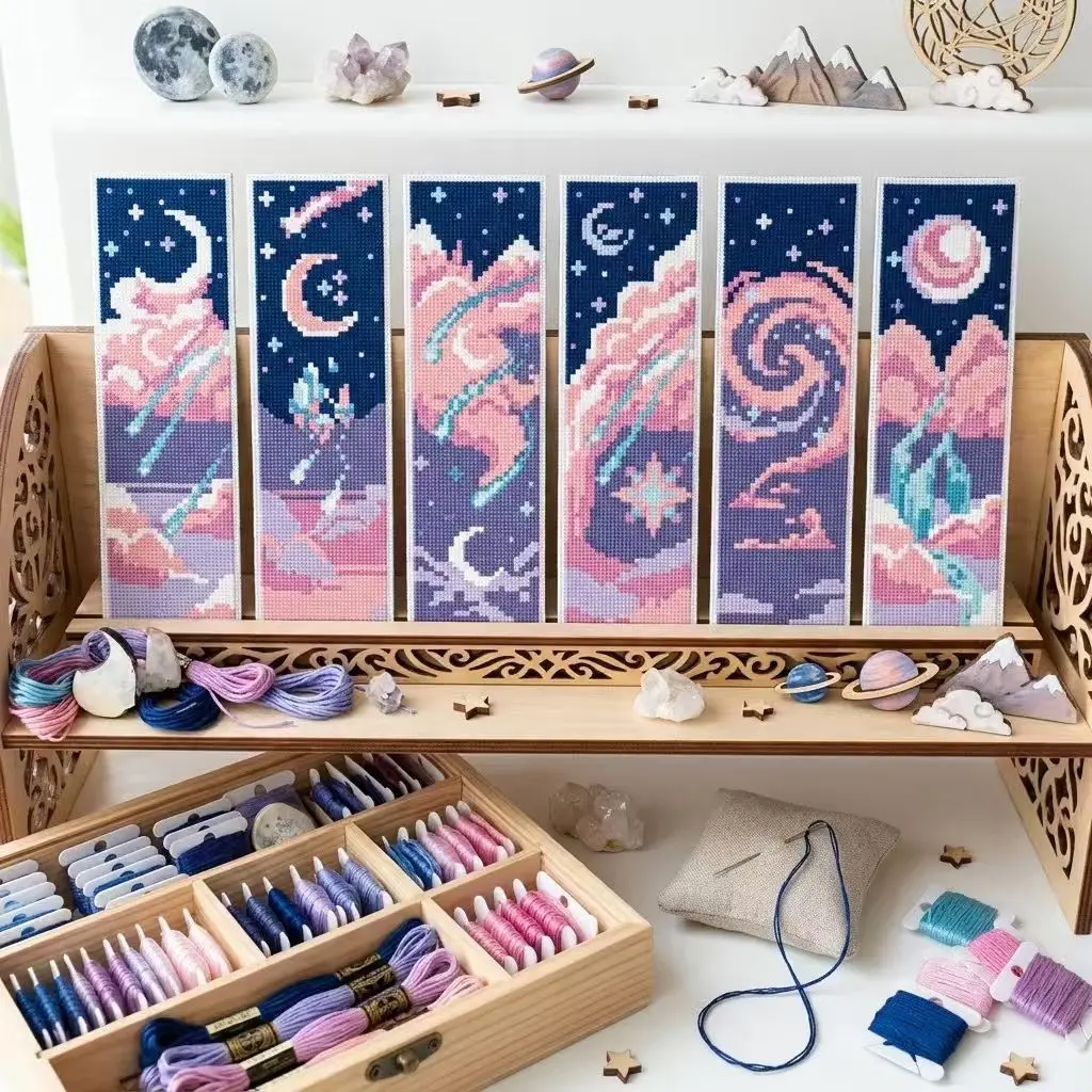 Cross Stitch Bookmark Set 7 Pieces, DIY Art Kit with Cloud Patterns, Ideal for Beginners, Beginner Friendly, Handmade Gifts, Home Decor, Creative Craft Supplies