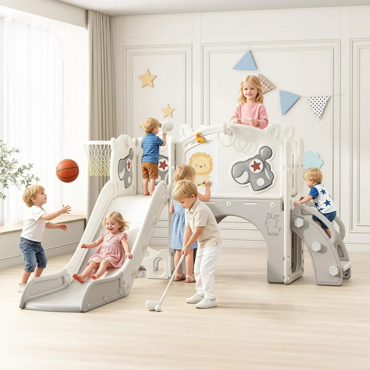 wanan 12 in 1 Toddler Slide Indoor, Kids Indoor Slide for Toddlers 1-3 Years Old, Toddler Indoor Playground with Drawing Board, Golf Set, Ring Toss, Basketball Hoop and Storage (Gray)