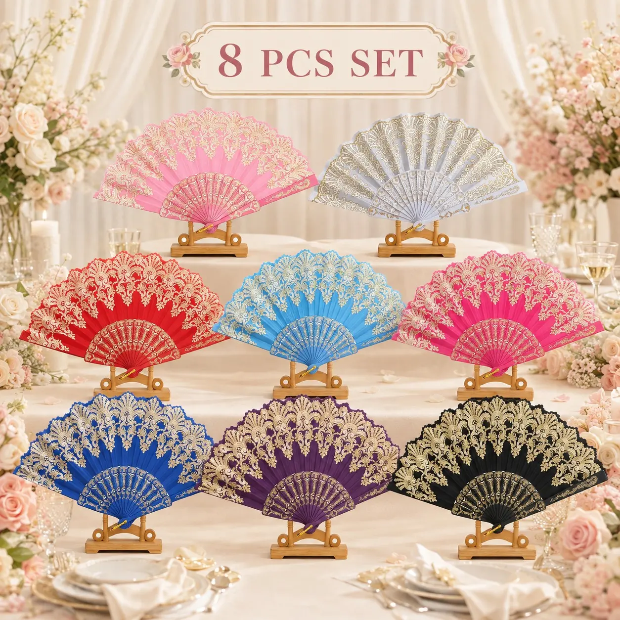 8 Pcs Folding Fan Set, Women's Plastic Bone Handheld Fans, Traditional Style for Dance Performance Training, Photo Decoration