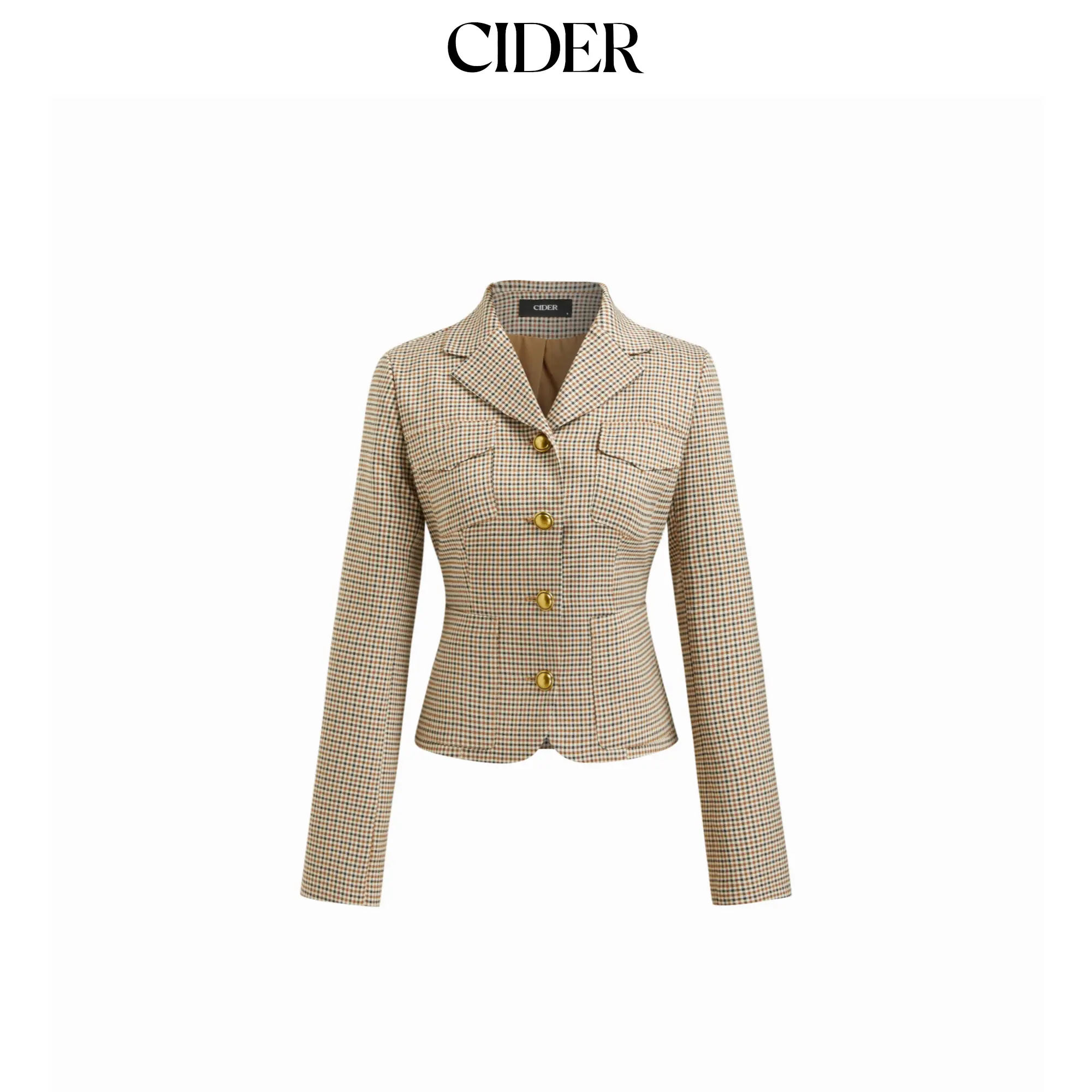 Cider Women's Plaid Blazer for Womenswear Suits, Notched Collar, Long Sleeve, Metal Buttons, Cinched Waist