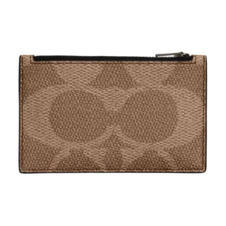 COACH Card Case 13 – Logo-Print Zip Closure Wallet for Men and Women, Coated Canvas and Faux Leather, Tan Brown