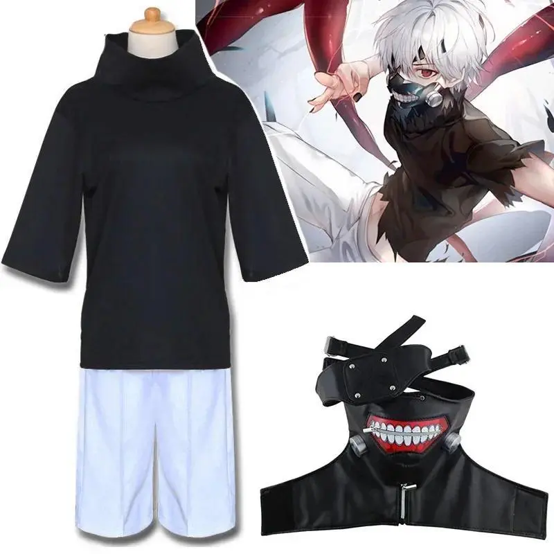 Anime Tokyo Ghoul Kaneki Ken Cosplay Short-Sleeve Polyester Shirt, Women's Costume Clothes for Halloween Party Outfits