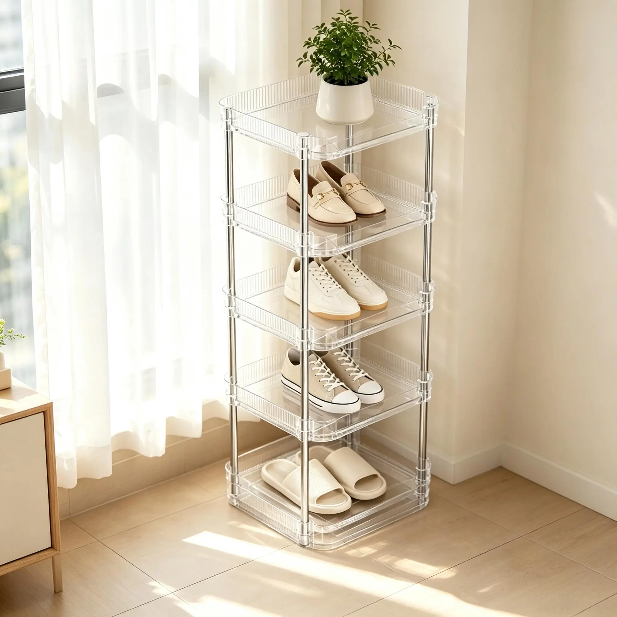 Clear Acrylic 5-Tier Shoe Rack, Freestanding Minimalist Transparent Shoe Organizer, Tool-Free Assembly Space Saving Storage Shelf, Modern Display Stand for Entryway Hallway Bathroom, Small Apartment Home Decor Furniture