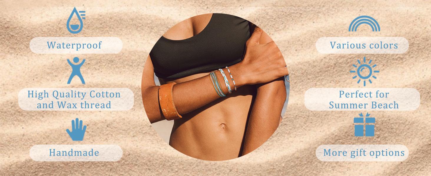 LOLIAS 24Pcs Waterproof String Bracelets for Women Surfer Wave Boho Bracelet Adjustable Handmade Friendship Bracelet String Ocean Beach Boho Bracelets Anklets for Women