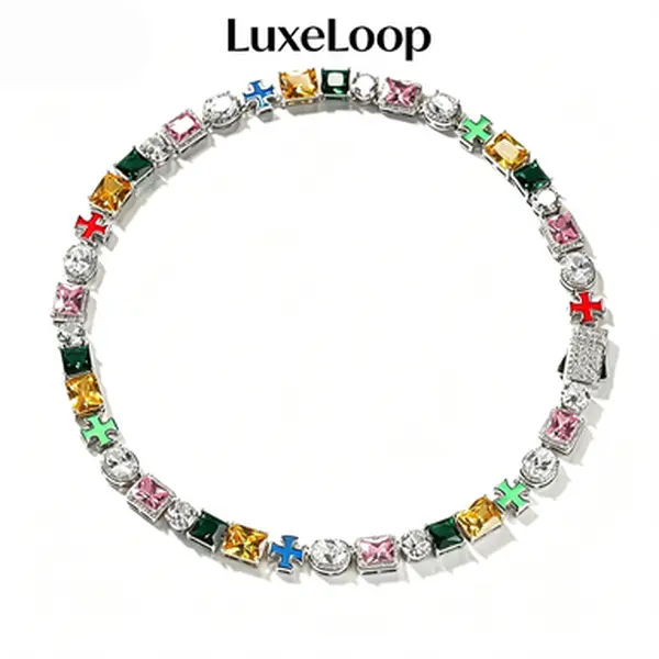 LuxeLoop Trendy Colorful Cross Cubic Zirconia Tennis Chain for Men Women, Rainbow Mixed Stone Iced Out Dopamine Layering Necklace, Silver Plated Y2K Streetwear Fashion Sweater Chain Accessory Gift
