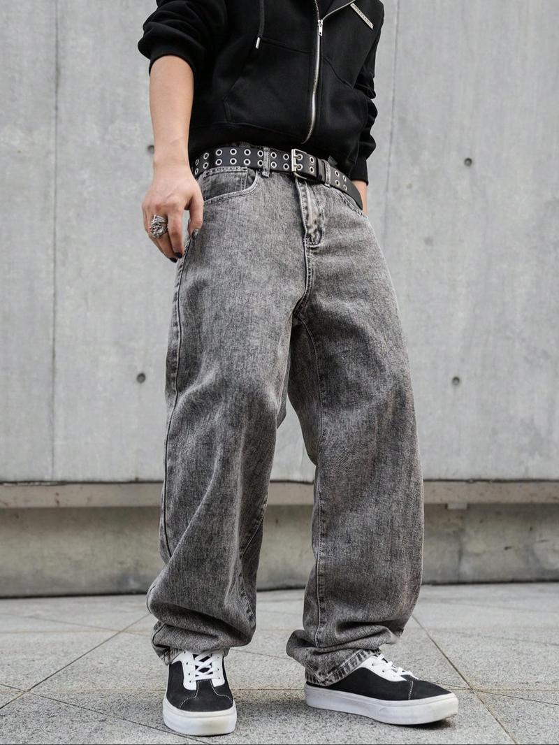 Men's Solid Color Wide Leg Multi Pocket Jeans, Loose Casual Comfy for Daily Wear, Woven Bottoms for All Seasons