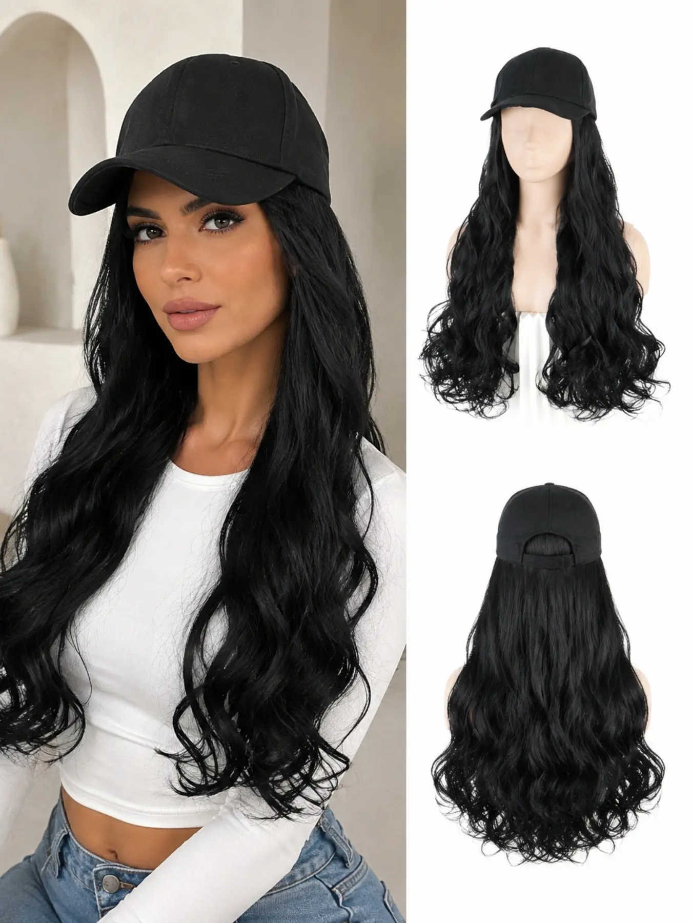 24 Inch Curly Water Wave Hat Wig for Women, Synthetic Baseball Cap Wig, Long Wavy Hair with Integrated Hat Design, Natural Looking Easy Wear Wig for Daily Style