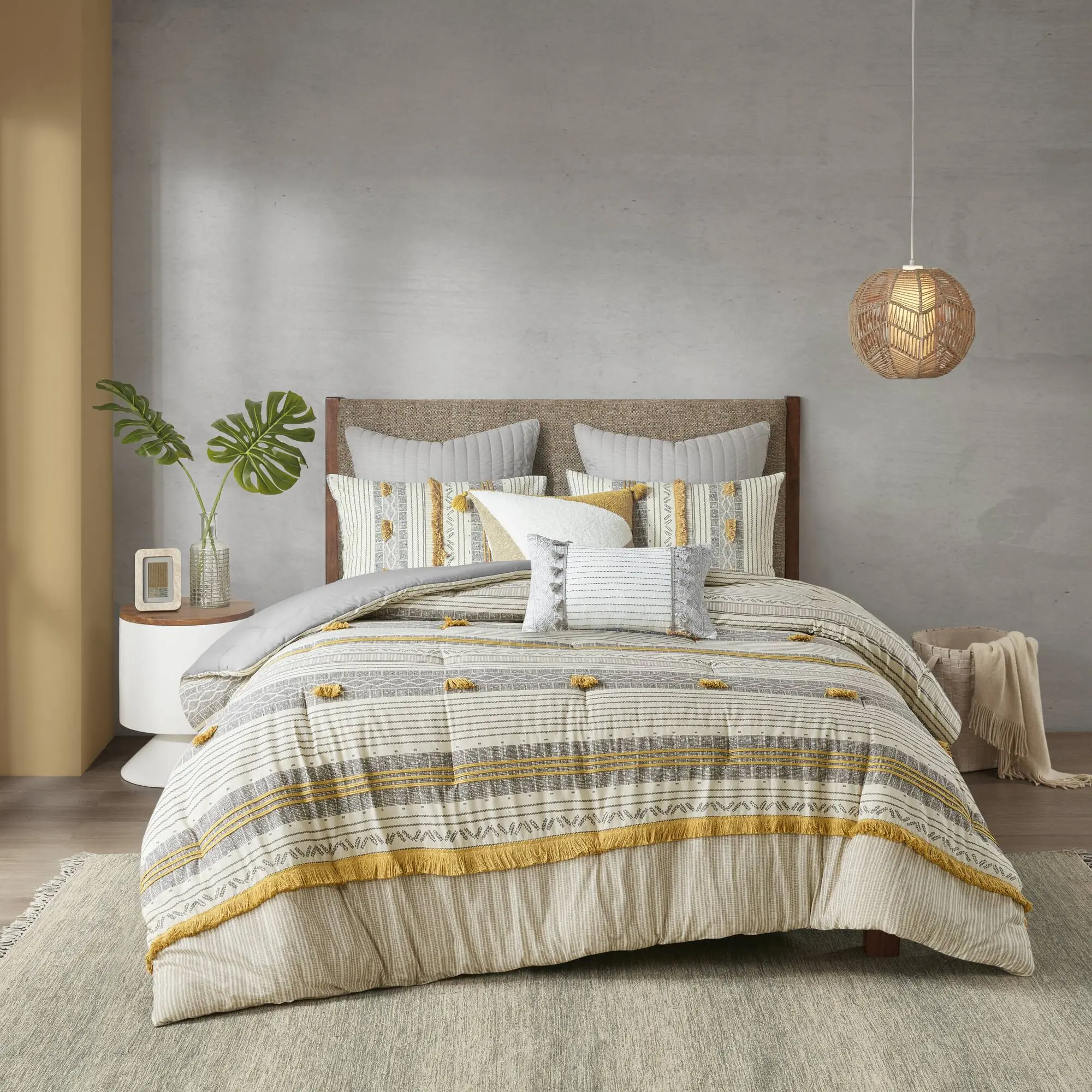 ARCH 3 Piece Cotton Comforter Set Gray/Yellow Full/Queen Size Bedding Set with Soft Cotton Fabric, Lightweight Quilted Comforter and Pillow Shams, Reversible Design for Bedroom, Guest Room, Dorm, All Season Use, Home Furniture and Household Product
