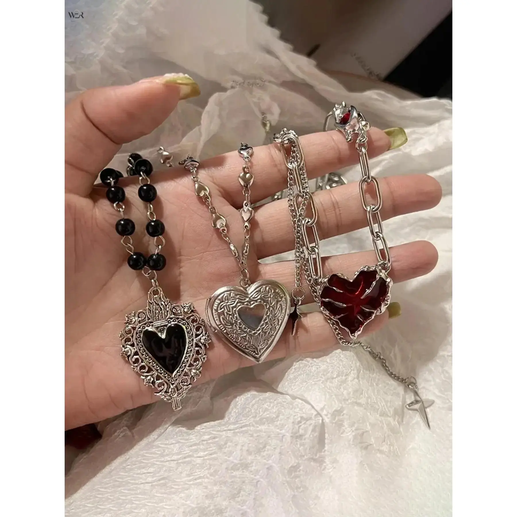 3 Style Gothic Heart Pendant Necklace Set Adjustable 42-45cm+5cm Extender Black Bead Locket Red Enamel Chunky Chain Y2K Dark Grunge Layered Neck Jewelry Street Trend Unisex Gift