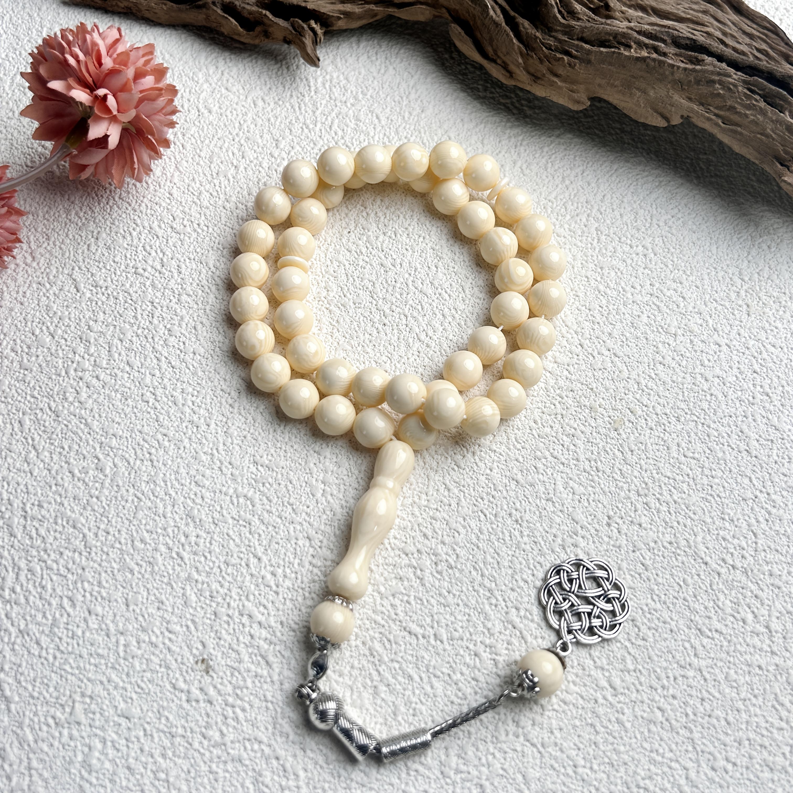 10mm Patterned Rice White 45 Beads Classic Rosary Elegant Round Beads Bracelet for Women Muslim Tasbih Casual Handheld Bracelet