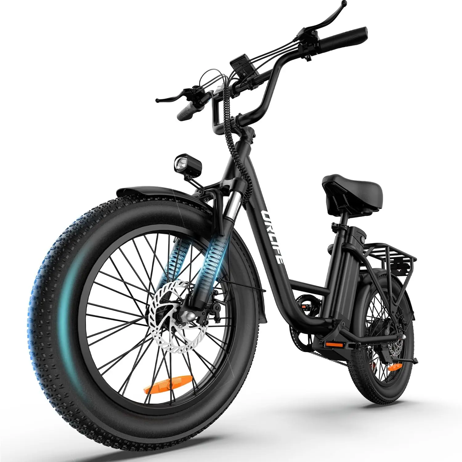 Electric bicycle featuring 20" x 3.0" fat tires, a 750W peak-power motor, a high-capacity 48V 13Ah battery, a centrally mounted color display, and front dual-air-chamber suspension; suitable for both urban commuting and off-road riding
