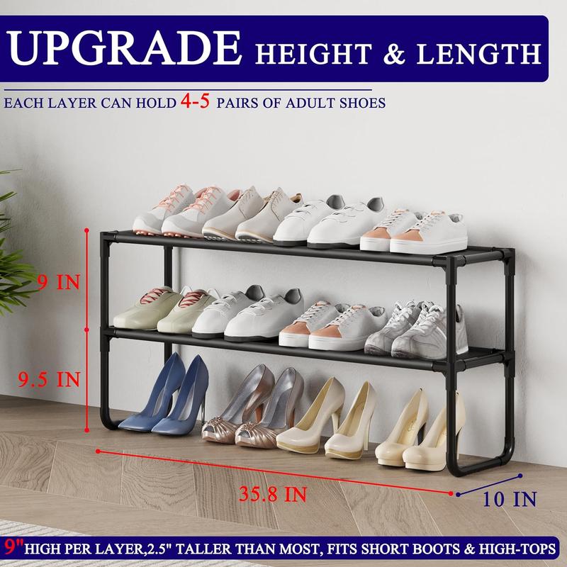 Long Shoe Rack, 2-Tier Stackable Shoe Organizer for Closet, Entryway, Hallway, Extra Bottom Layer, Holds 12-15 Pairs, Sturdy & Durable  Fabric Shelf, Space-Saving,Black