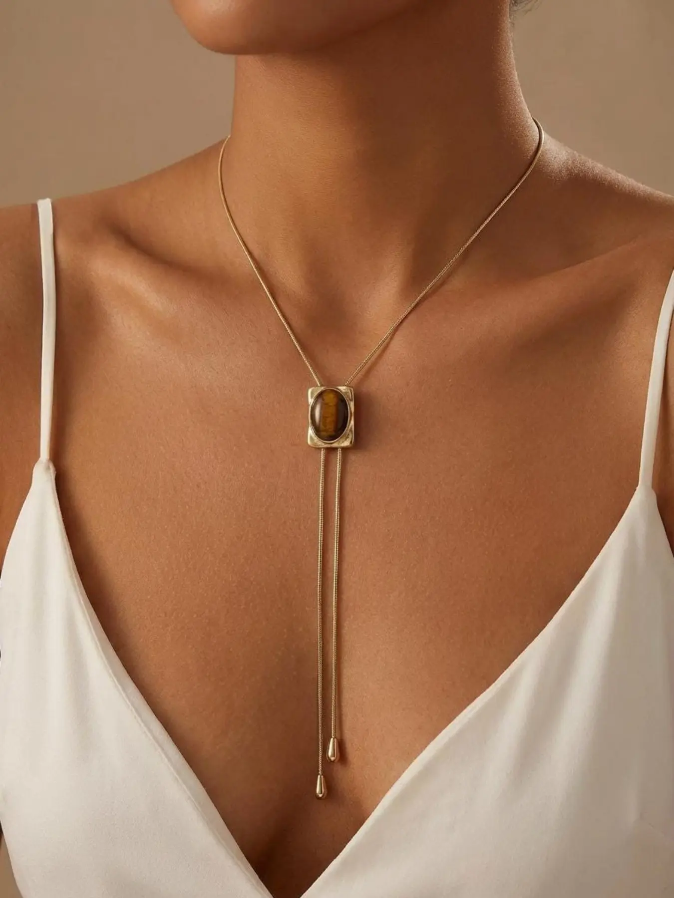 Vintage Geometric Tiger Eye Alloy Necklace for Women, Adjustable Snake Chain, Elegant Casual Fashion Jewelry Party, Perfect Gift