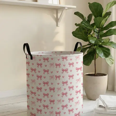 Christmas Dirty Laundry Basket, Pink Heart Bow Print, Handle Included, Durable Material, Foldable, Large Capacity, Toy Storage Box, Folding Laundry Basket