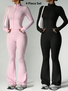 Women's 4-Piece Casual Loungewear Set with Long Sleeve Jacket and Flared Pants, Stylish and Comfortable Travel for All Seasons