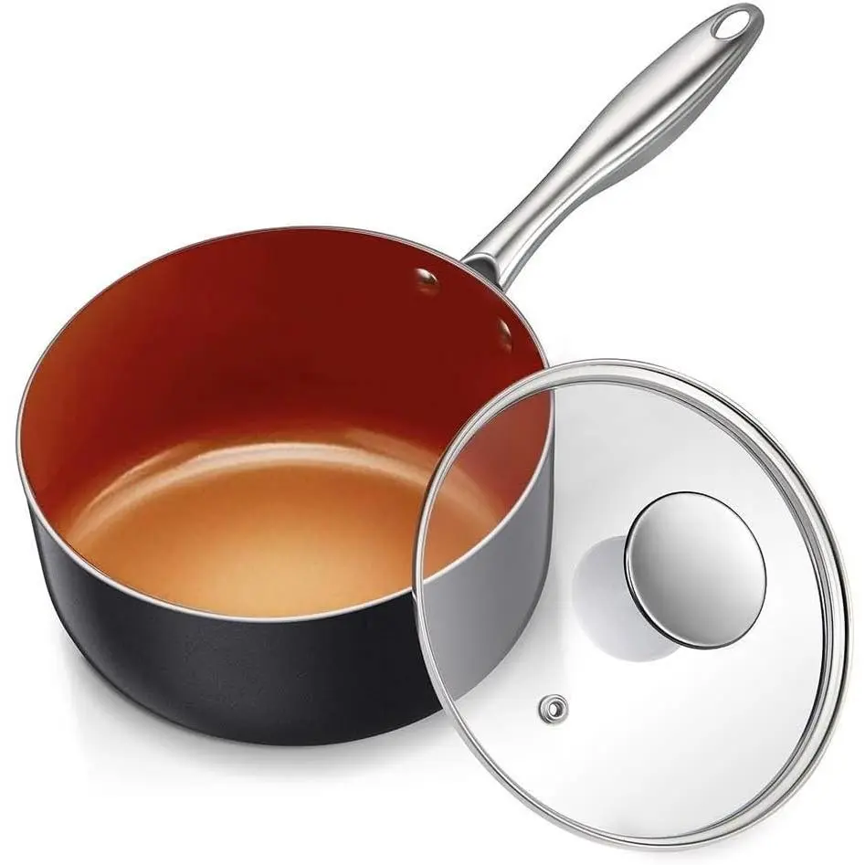 Sauce Pan with Lid, Ultra Nonstick 3 Qt Saucepan with Lid, 3 Quart Non Stick Pot Induction Compatible, Ceramic Small Pot, Copper