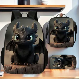 Cartoon Dragon 3pcs Cartoon Pattern Backpack Set for Students, Lightweight & Foldable with Adjustable Straps, Includes Large Capacity Casual Double Shoulder Backpack, Pencil Case And Lunch Bag for School, Birthday Gift