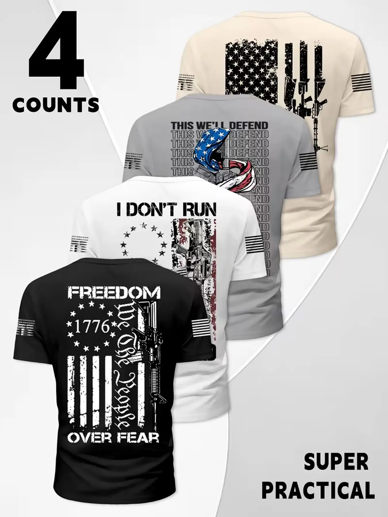 4 Pack Men's American Patriotic Gun Flag Back Print Short Sleeve T-Shirt Multipack 1776 We The People 2nd Amendment Freedom Graphic Crew Neck Tee Bundle For 4th Of July Veteran Casual Outfits